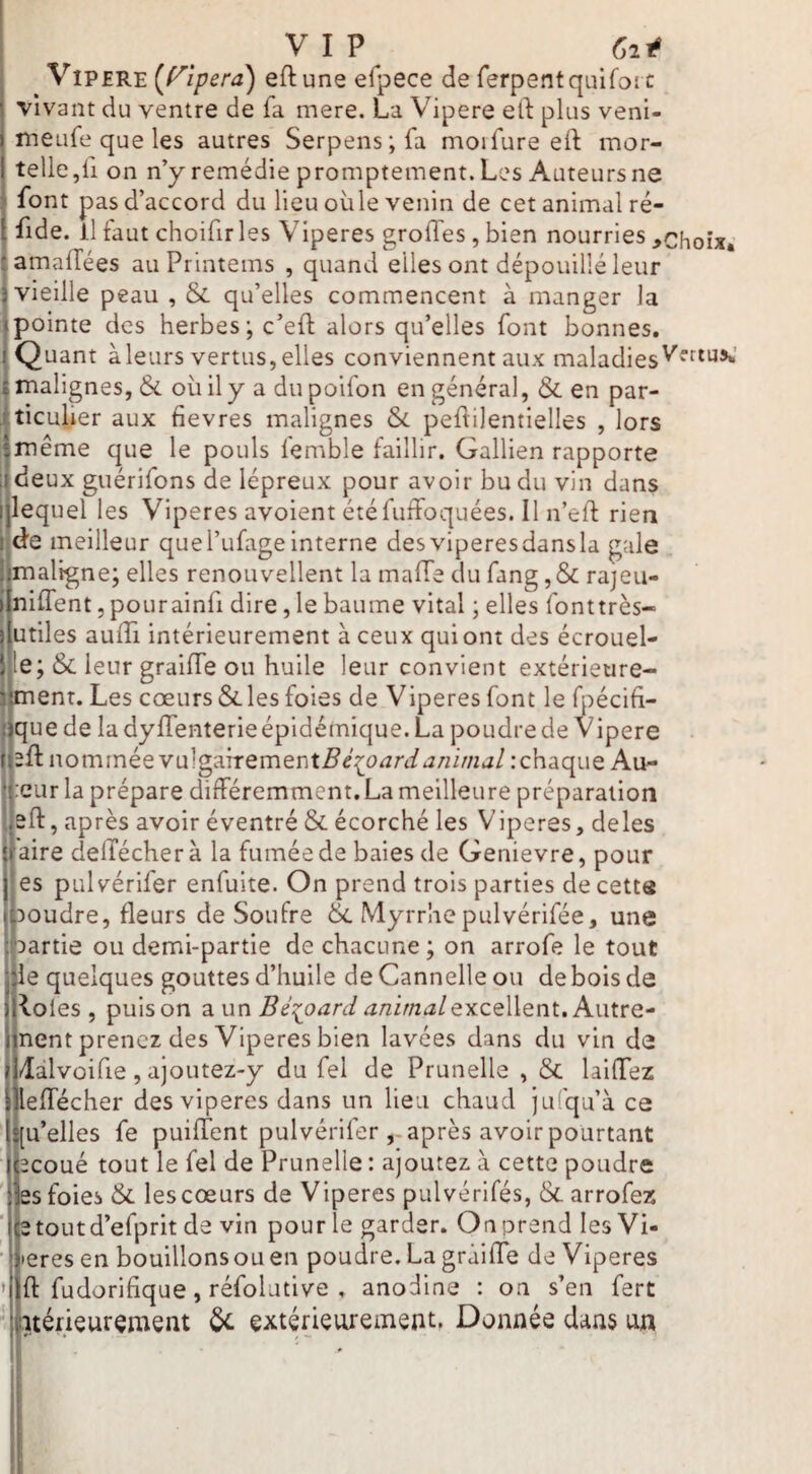 VlPERE [yipera) eftune efpece de ferpentquiroï c vivant du ventre de fa mere. La V'^ipere ert plus veni- meufe que les autres Serpens; fa moifure elf mor¬ telle,fi on n’y remédie promptement. Les Auteurs ne font pas d’accord du lieu oüle venin de cet animal ré- fide. il faut choifirles Viperes grofles, bien nourries >choix. amalTées auPrintems , quand elles ont dépouillé leur vieille peau , & qu’elles commencent à manger la |pointe des herbes; c’eft alors qu’elles font bonnes, i Quant à leurs vertus, elles conviennent aux maladies'^'f^^*^ ! malignes, 6c oiiily a dupoifon en général, & en par¬ ticulier aux fievres malignes 6c peftilentielles , lors ^même que le pouls lemble faillir. Gallien rapporte p deux guérifons de lépreux pour avoir bu du vin dans jjlequel les Viperes avoient été fuffoquées. Il n’ell; rien i de meilleur quel’ufageInterne desviperesdansla gale I maligne; elles renouvellent la mafTe du fang ,8c rajeu- I nilfent, pourainfi dire, le baume vital ; elles fonttrès- ! utiles aulTi intérieurement à ceux qui ont des écrouel- le; 6c leur graiffe ou huile leur convient extérieure- îiment. Les cœurs 6cles foies de Viperes font le (j:)écifi- ïjque de la dyflenterie épidémique. La poudre de Vipere lieft nommée vu]gaTTement5^{c»^n/i2/2i//2j/ : chaque Au- !:cur la prépare différemment. La meilleure préparation sft, après avoir éventré 8c écorché les Viperes, deles aire delTécherà la fumée de baies de Genievre, pour es pulvérifer enfuite. On prend trois parties decetts aoudre, fleurs de Soufre & Myrrhe pulvérifée, une Dartie ou demi-partie de chacune ; on arrofe le tout ie quelques gouttes d’huile de Cannelle ou de bois de loles , puison diUX\ Bé^oard animalPi.w\.vQ- |nent prenez des Viperes bien lavées dans du vin de IUalvoifie, ajoutez-y du fel de Prunelle , 6c laiffez îleffécher des viperes dans un lieu chaud jufqu’à ce i[u’elles fe puiffent pulvérifer après avoir pourtant {^coué tout le fel de Prunelle : ajoutez à cette poudre les foies 6c les cœurs de Viperes pulvérifés, 6c arrofez ‘ detoutd’efprit de vin pourle garder, Onprend les Vi- i*>eres en bouillons ou en poudre. La graiffe de Viperes fl: fudorifique, réfolutive , anodine : on s’en fert ' tntérieurçment 5c extérieurement. Donnée dans un