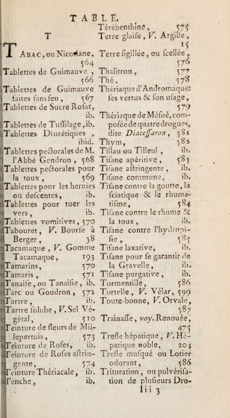 Térébenthine, ^7^ T Terre glaife , Argllle, Ab AC, on Niccmne, 1 564 jTablettes de Guimauve , > ,. IiTablettes de Guimauve I faites fans feu , 567 liTahlettes de Sucre Rofat, i ib. liTablettes de TufTdage ,ib. ^Tablettes Diurétiques , ibid. I[T ablettes peélorales de M. l’Abbé Gendron , 568 [Tablettes peélorales pour I la toux, 569 ujTableites pour les hernies Q ou delcentes, ib. tlTablettes pour tuer les ’i vers, ib. (^Tablettes vomitives, 570 (iTabouret, K. Bourfe à à Berger, 38 qiacamaque , y. Domme Tacamaque, I93 riTamarins, 570 •rjramaris , 57^ ifiTanaile , ou Tanaifie , ib. ïiTarc ou Goudron, 57^ iirartre , ib. îiTartre folube , T. Sel Vé- èj gétal, 5^^ aiFeinturede fleursde Mil- lepertuis, 573 fireinture de Rofes, ib. iijreinture de Rofes afirin- gente, ^ ^ 574 SreintureThériacale, ib. ^Fenche., ib. 1$ Terre figillée , ou fcellée , 57<> Thalitron, 57^^ Thé, 57^ Thériaque d’Andromaque: fes vertus & ion uiage, 579 Thériaque de Mérué,com- pofée de quatredrogues dite DiateJJaron, 581 Thym, 582 Tillau ou Tilleul , ib, Tifane apéritive , 583 Tüane aifringente , ib. Tifane commune, ib. Tifane contre la goutte, la fciatique Si le rhuma- tifme, 584 Tifane contre le rhume la toux, ib, Tifane contre l’hydropi- .fie, _ ,583 Tifane laxative, ib. Tifane pour fe garantir de la Gravelle, ib. Tifane purgative, ib. Tormentille, 5^f^ Tortelle, V» Vélar, 599 Toute-bonne, KOrvale, 387 Traînaffe, vuy.Renouée, 475 Trefle hépatique , Hé¬ patique noble, 204 Trefle mufqué ou Lotier odorant, 586 Trituration, ou pulvérifa- tion de plufieurs Dro-