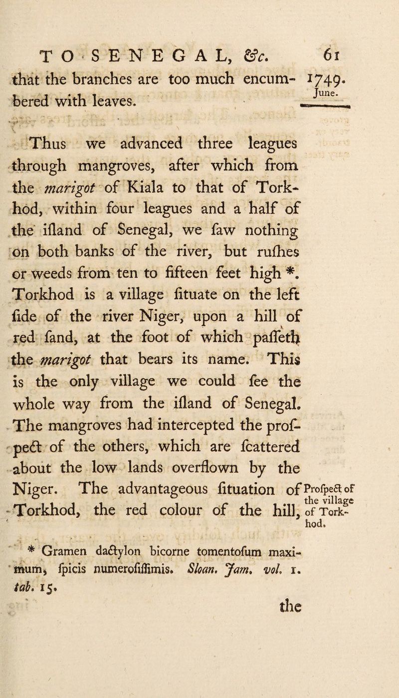 that the branches are too much encum- 1749. bered with leaves. —llme~ „ *•■**.■ ■•‘'•-7 ^ 7 , * . ■ ' ’ ■ * ■*: v ^ Thus we advanced three leagues through mangroves, after which from the marigot of Kiala to that of Tork- hod, within four leagues and a half of the ifland of Senegal, we faw nothing on both banks of the river, but rufhes or weeds from ten to fifteen feet high Torkhod is a village fituate on the left fide of the river Niger, upon a hill of red fand, at the foot of which pafletfi the marigot that bears its name. This is the only village we could fee the whole way from the ifland of Senegal. The mangroves had intercepted the prof- pedt of the others, which are fcattered about the low lands overflown by the Niger. The advantageous fituation ofPr°rPe^°F Torkhod, the red colour of the hill, o^TorkT hod. * Gramen da&ylon bicorne tomentofum maxi¬ mum, fpicis numerofiftimis. Sloan, Jam. vol i. tab, 15. the /