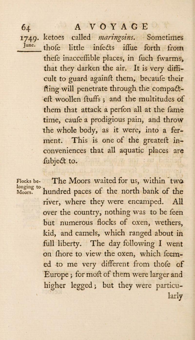 1749. ketoes called maringoins. Sometimes June‘ thofe little infedts iffue forth from thefe inacceffible places, in fuch fwarms, that they darken the air. It is very diffi¬ cult to guard againft them, becaufe their fting will penetrate through the compadt- efl woollen fluffs; and the multitudes of them that attack a perfon all at the fame time, caufe a prodigious pain, and throw the whole body, as it were, into a fer¬ ment. This is one of the greateft in¬ conveniences that all aquatic places are fubjedt to. » Flocks be- The Moors waited for us, within two Moors. ° hundred paces of the north bank of the river, where they were encamped. All over the country, nothing was to be feen but numerous flocks of oxen, wethers, kid, and camels, which ranged about in full liberty. The day following I went on fhore to view the oxen, which feem- ed to me very different from thofe of Europe ; for mod of them were larger and higher legged; but they were particu- ' larly