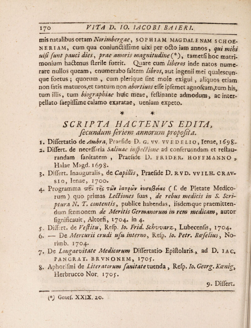 mis natalibus ortam Norimbergaey sophiam magdalenam schoe- Neriam, cum qua coniundiffime uixi per odo iam annos, qui mihi nift funt pauci dies, prae amoris magnitudine (*), tametff hoc matri¬ monium hadenus fterile fuerit* Quare cum liberos inde natos nume¬ rare nullos queam, enumerabo falcem librosy aut ingenii mei qualescun¬ que foetus ; quorum , cum plerique iint mole exigui , aliquos etiam non Catis maturos,et tantum non abortiuos effe ipfemet agnofcanqtum his, tum illis, tum biographiae hqfic meae, feftin2nte admodum, ac inter¬ pellato laepiflimecalamo exaratae, ueniam expeto* ♦ * SCRIPTA HACTENVS EDITAy fecundum feriem annorum propofita.. 1. Differtatio deAmbra, Pra^fide D. g. vv vvedelio, lenae, 1698«, 2. Differt, de neceffaria Saliuae w (pectione ad conferuandam et reftau- randam fanitatem , Praefide D* frider. hoffmannO * Halae Magd; 1698. I. Differt. Inauguralis, de Capillis y Praefide D; rvd. vviLH. crav® sio, lenae, 1700* а. Programma tmv IciT^dv ivtrejSeiag ( C de Pietate Medico¬ rum ) quo primas LeIliones Tuas , de rebus medicis in S. Scri¬ ptura N. T. contentis, publice habendas, iisdemque praemitten¬ dum termonem de Meritis Germanorum in rem medicam > autor fignificauit, Altorfi, 1704* in 4. $\ Diff rt. de Ve (litu, Refp. Io. Frid. Schvvarz y Lubecenfis, 1704* б. — De Mercurii crudi ufu interno, Refp. Io. Petr. Rcefeliut, No¬ rim b. 1704- 7. De Longaevitate Medicarum Differtatio Epifiolaris* ad D. Iac* PANCRAT,. BRVNONEM, I70f. Aphorifmi de Literat orum fanitate tuenda > Refp. Io. Georg. Kcenigr Herbrucco Nor, 1705”* 9. Differt* (*J Genef. XXIX. 2,0*