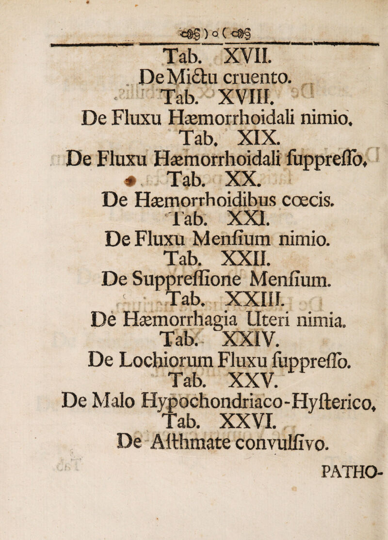 Urf., mtm XVII. DeMidfcu cruento. Tab. XVIII. De Fluxu Haemorrhoidali nimio. Tab. XIX. De Fluxu Haemorrhoidali fuppreffb, # Tab. XX. De Haemorrh oidibus coecis. Tab. XXI. De Fluxu Menfium nimio. Tab. XXII. De Suppreflione Menfium. Tab. XXIII. De Haemorrhagia Uteri nimia. Tab. XXIV. De Lochiorum Fluxu fiipprefib. Tab. XXV. De Malo Hypochondriaco - Hyfterico* Tab. XXVI. _ ^ ■ s . . , _ * De Allhmate convulfivo. PATHO-