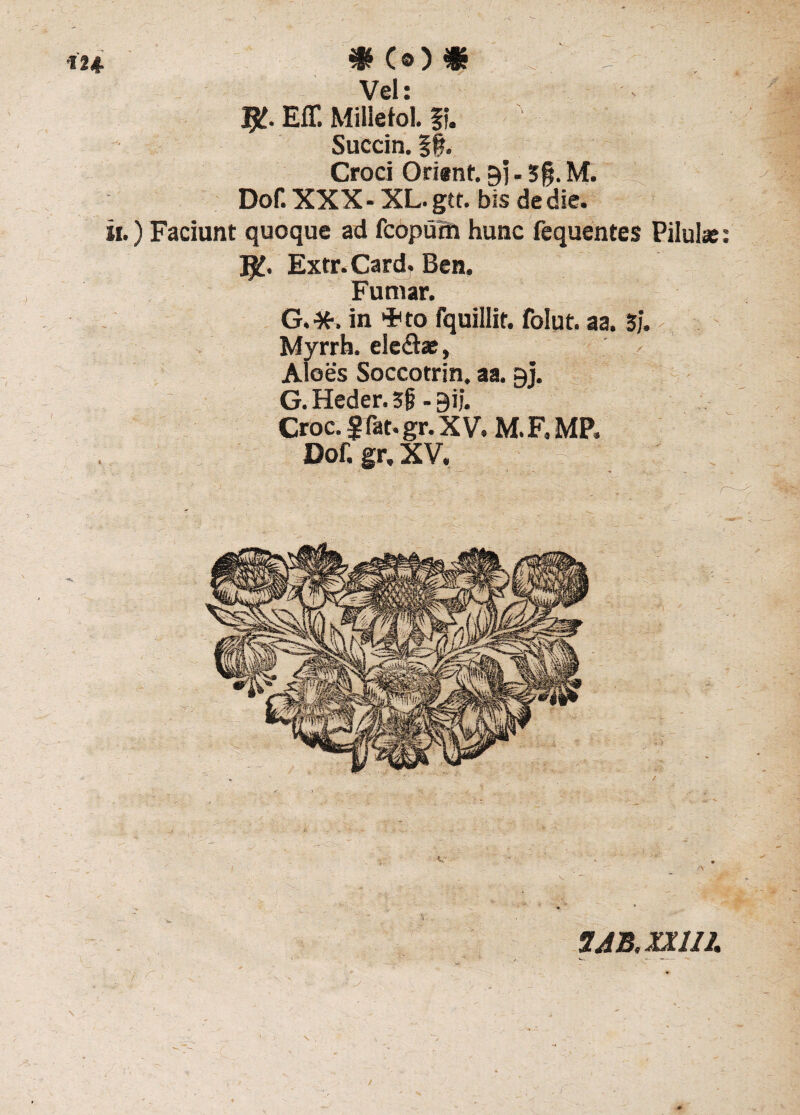 Vel: ty. Eff. Milletol. Si. Succin. f Croci Orient. Bi- 5§. M. Dof. XXX - XL. gtt. bis de die. Tfc. Extr. Card. Ben. Fumar. G.*. in ^to fquillit. folut. aa. 3j. Myrrh. ele£tae. Aloes Soccotrin. aa. gj. G. Heder. 5§ - Bij. Croc. Sfat. gr. X V. M. F, MP. 3JB.mil J