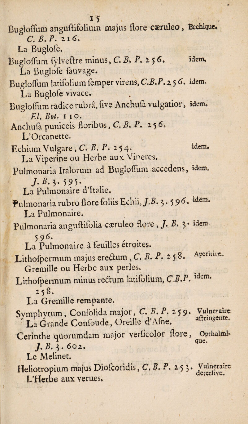 r ï 5 Bugloffum anguftifolium majus flore caeruleo, Bechiquc. C. B. P. il 6. La Bugîofe. Bugloffum fylveftre minus, C. B. P. 2 5 6. idem, La Bugiofe fauvage. Bugloffum latifoiium femper virens, 2 5 6. idem» La Bugiofe vivace. Bugloffum radice rubrâ, five Anchufa vulgatior, idem. El. Bot. 1 1 o. Anchufa puniceis floribus y C. B> P. a 5 6, L’Ürcanette. Echium Vulgare, C. B. P. 2 5 4. idem. La Vipérine ou Herbe aux Viperes. Pulmonaria Italorum ad Bugloffum accedens, idem. /.*.?• 5 95* La Pulmonaire d’Itnlie. Pulmonaria rubro flore foliis Echii, J.B. 3.59^ ldem* La Pulmonaire. Pulmonaria anguftifolia cæruleo flore,/, i?. 3* idem 596. La Pulmonaire à feuilles étroites. Lithofpermum majus ereaum ,C. B. P, 158. Apemu-e. Gremille ou Herbe aux perles. Lithofpermum minus redum latifoiium, CB.P. !dcm- 25 8. La Gremille rempante. Svmphvtum , Confolida major, C. B. P. 2^9» Vulnéraire 7La Grande Confoude, Oreille d'Afne, aftrmgeme. Cerinthe quorumdam major verficolor flore, Opthalmi- J. B. 5.602. <3UC’ Le Melinet. Heliotropium majus Diofcot idis, C. B, P. z 5 3, Vuhwraire L’Herbe aux verues. 1