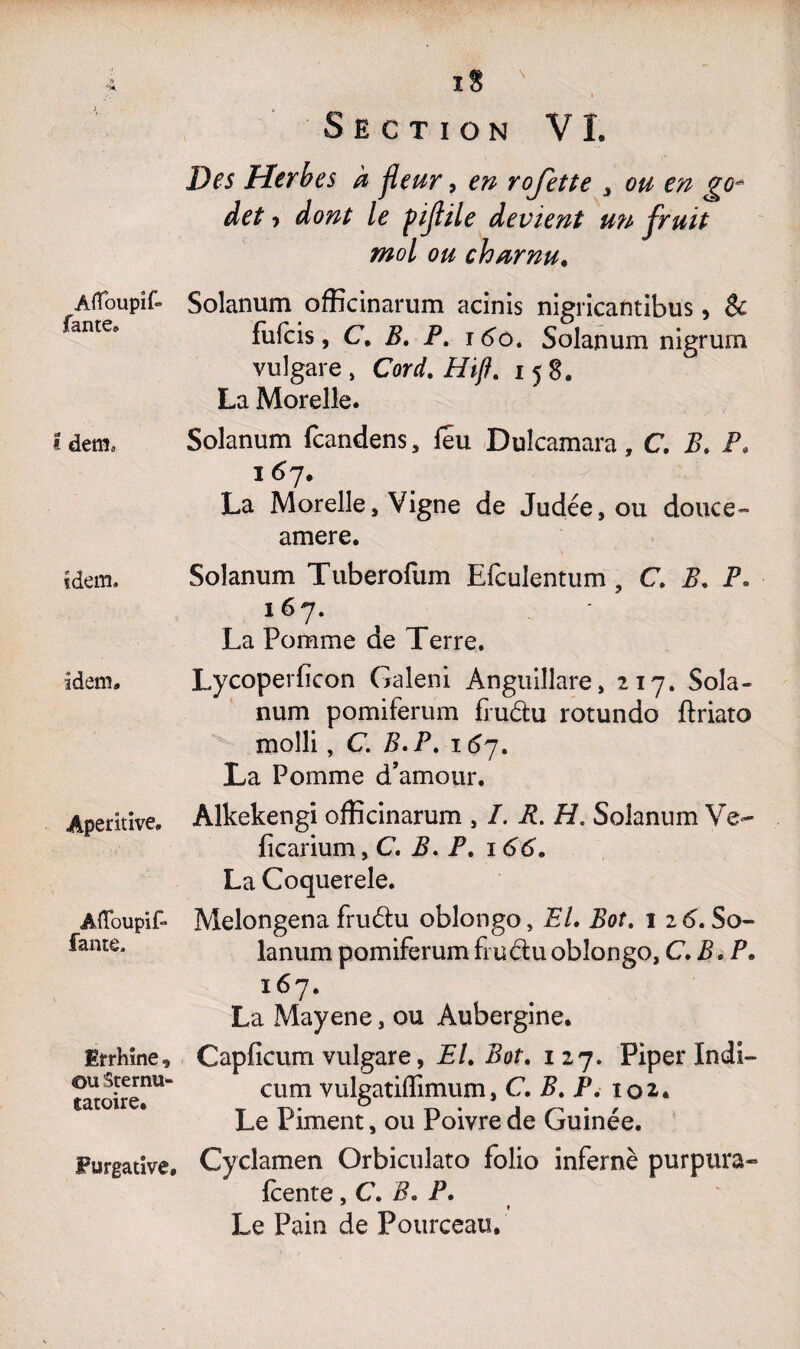 AfToupif» fante. t dem* îdem. idem. Aperitive, ÂlToupif- famé. Ëj-rhine , ©u Sternu- tatoire. Furgative. Section VI. Des Herbes h fleur, en rojette , ou en go* det -> dont le pijlile devient un fruit mol ou charnu. Solanum officinarum acinis nigricantibus, Sc fufcis , C. B. P. r 6o. Solanum nigrurn vulgare , Cord. Hifl. 158. La Morelle. Solanum (candens, leu Dulcamara, C. B. P. 1 67. La Morelle, Vigne de Judée, ou douce- amere. Solanum Tuberofum Efculentum, C. P. P. 167. La Pomme de Terre. Lycoperficon Galeni Anguillare, 217. Soîa- num pomiferum fru&u rotundo ftriato molli, C. B. P. 16y. La Pomme d’amour. Alkekengi officinarum , I. R. H. Solanum Ve- ficarium, C. B, P. 166. La Coquerele. Melongena fruétu oblongo, EL Bot. 12 6. So¬ lanum pomiferum frudu oblongo, C. B. P. 167. La Mayene, ou Aubergine. Capficum vulgare, EL Bot. 127. Piper Indi- cum vulgatilîimum, C. P. P. 102. Le Piment, ou Poivre de Guinée. Cyclamen Orbiculato folio infernè purpura- {cente, C. B. P. » Le Pain de Pourceau.