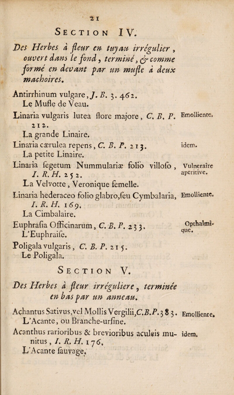 Des Herbes à fleur en tuyau irrégulier, ouvert dans le flond, terminé 3 comme formé en devant far un mufle à deux mâchoires. Àntirrhinum vulgare,/. B. 3. 462, Le Mufle de Veau. Linaria vulgaris lutea flore majore, C. Bt P. 21 z. La grande Linaire. Linaria cærulea repens, C B, F. 213. La petite Linaire. Linaria fegetum Nummulariæ folio villofo , /. P. H. 252. La Velvotte, Véronique femelle. Linaria hederaceo folio glabrofleu Cymbalaria, /. P. //. 169, La Cimbalaire. Euphrafia Offiçinarum s C. P. P. 233. L’Euphraife. Poligala vulgaris 5 C. 2?. P. 21 5. Le Poligala. Section V, Des Herbes â fleur irrégulière 3 terminée en bas far un anneau. ÀçLantus Sativus,vel Mollis Vergilii^C.P.P. 383. L’Acante, ou Branche-urfine. Acanthus rarioribus & brevioribus aculeis mu- nitus, /. P. H. i y L’Acante fauyage» Emolliente* idem. Vulnéraire aperitive. Emolliente. ! Opthalmi- que. Emolliente* idem.