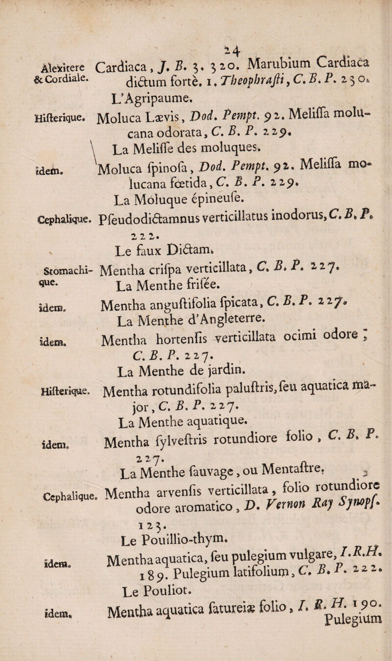 ï4 Alexiterc Cardiaca,/. B. $. 320. Marubium Cardiaca & Cordiale. di£tum fortè» 1. Tbeophrafti , C. 2>. P. 23 o& L’Agripaume. Hifterique. Moluca Lævis, Dod. 92. Meliffa molu- cana odorata, C. P. P. 2 29* La Meliffe des moluques. idem. Moluca fpinola, Dod. Pempt< 92. Meliffa mo« ïucana fœtida,C P. P. 229% La Moluque épineufe. Céphalique, pfeudodiâramnus verticillatus inodoruss C. B» P® 222. Le faux Diâaim Stomachi- Mentha crifpa verticillata» C% B• P. 2,27® que* La Menthe frifée. idem. Mentha anguftifolia fpicata, C. P. P» 2 2 7® La Menthe d’Angleterre. idem. Mentha hortenfis verticillata ocimi odore * C. P. P. 227. La Menthe de jardin. Hifterique. Mentha rotundifolia paluftris, feu aquatica ma¬ jor » C. P. P. 227* La Menthe aquatique. idem. Mentha fylveftris rotundiore folio , C. B. P. 227. La Menthe fauvage» ou Mentaftre. . 3 Céphalique. Mentha arvenfis verticillata, folio odore aromatico, D. Vernon Ra] BjnopJ* 123. Le Pouillio-thym. idem. Mentha aquatica, feu pulegium vulgare J. RM. 185). Pulegium latilolium, C. B•1 • - 2 -• Le Pouliot. idem. Mentha aquatica fatureiæ folio, L