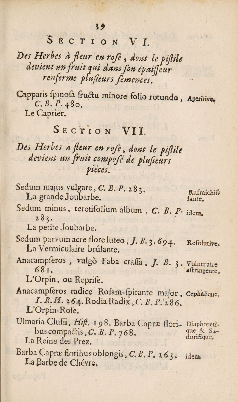 îî> Section VI. Des Herbes à fleur en rofe, dont le pifltle devient un fruit qui dansfon épaiffeur renferme plufteurs femences. Capparis fpinofa frudu minore foiio rotundo C.B.P. 480. Le Câprier. Section VII, Des Herbes a fleur en rofe, dont le ptflile devient un fruit compofé de plufieurs pièces. Sedum majus vulgare, C. E. P. 285. La grande Joubarbe. Sedum minus, teretifolium album , C. B. P. 283. La petite Joubarbe. Sedum parvum acre flore luteo, /. B. 3.694, La Vermicuîaire brûlante. Anacampferos , vuigô Faba crafTâB. 3 » 6 8 I . L’Orpin, ou Repriie. Anacampferos radice Rofam-fpîran te major , /. RM. 1 64. Rodia Radix, C B. F.'286. L’Orpin-Rofe, Ulmaria CJufii, Hifl. 198. Barba Capræ flori- bus compadis, C. i>\ P* y 6%. La Reine des Prez. Barba Capræ floribus oblongis^ C B\ P4 16 3. La Barbe de Chèvre, Aperîtive* Rafraichîf? fante. idema Refolutïvca Vulnéraire aftringentea Céphalique, Diaphoni¬ que <Sc Su¬ dorifique. < idem.