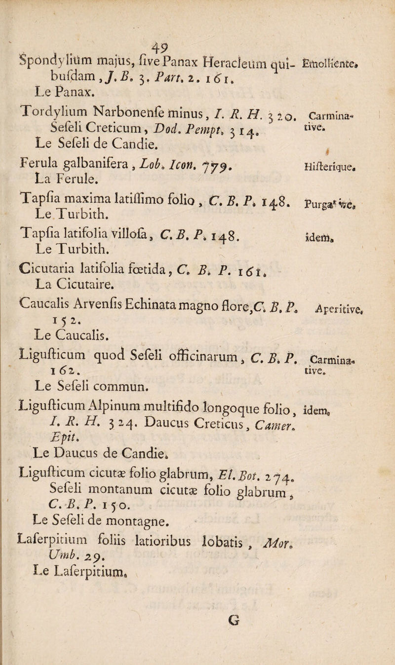 Spôndyliüm majus, fivePanax Heracleum qui- bufdam ,J.E. 3, Part. 2. 161. Le Panax. Tordylium Narbonenfe minus, I. R. H. 3 20. Sefeli Creticum, Dod. Pempu ^14. Le Sefeli de Candie. Ferula galbanifera , Lob0 Icon. 779. La Ferule. Tapfia maxima latiffimo folio , C. Rt P* 148. Le Turbith. Tapfia latifolia villofà, C. B, P» 148. Le Turbith. Cicutaria latifolia fœtida, C B. P. itfîè La Cicutaire. Caucalis Arvenfis Echinata magno flore,C B, P\ 1 5 2. Le Caucalis. Ligufticum quod Sefeli officinarum, C. JL P. 1 62. Le Sefeli commun. Ligufticum Alpinum multifido longoqüe folio, /. R. LT, ^ iq. Daucus Cretictis, CAiner* Epit. Le Daucus de Candie* Ligufticum cicutæ folio glabrtim, El. Rot. 274. Sefeli montanum cicutæ folio glabrum C.B.P.i^o. Le Sefeli de montagne. Laferpitium foliis latioribus lobatis » Mot* Umb. ,29. Le Laferpitium* Emolîîcnte# Carmina- tive. I Hiderique. Purgas ifrè* idcma ■Aperitive* Carmins* tive. idem* G