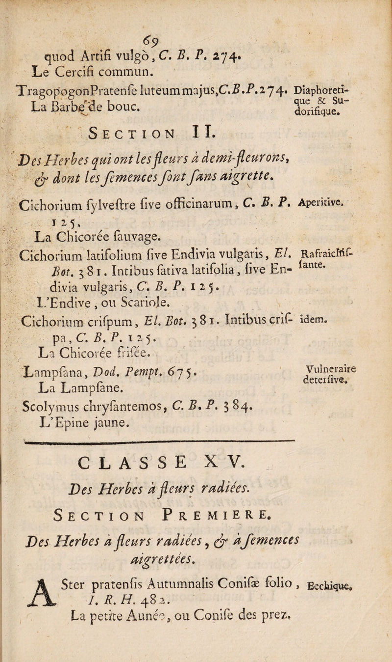 6$ quod Àrtifi vulgô, C. B, P» 274* Le Cercifi commun. TragopogonPratenfe luteummajus^C^.P.274* Eiaphoretï- T D I f-j ] QUS 8C SU- La Barbe de bouc. dorifique. Section II. Des Herbes qui ont lesjfleurs a demi-fleurons, dont les femences font fins aigrette. Ciehorium fyiveftre Eve officinarum, C. B. P* Apcridve. 125, La Chicorée fauvage. Ciehorium latifolium five Endivia vulgaris, EL RafraicMf- Bôt. 581. ïntibus fativa latifoiia, five En- lantc* divia vuîgaris, C. B. P. 125. L’Endive, ou Scarioje. Ciehorium crifpum, EL Bot. 58 ï. ïntibusenf- idem, pa, C. B. P. 125. La Chicorée fri fée. Lampfana, Doât Pempt. 615. Vulnéraire L1 -y r* CCtCIllV©® a Lampiane. Scolymus chryfantemos, C. B. P. 3 S4. L’Epine jaune. CLASSE XV. Des Herbes à fleurs radiées. Section Première. Des Herbes à fleurs radiées ? & a femences aigrettées. ASter pratenfis Autumnalis Conifæ folio , Beckique» /. R. H. 48 2. La petite Année, ou Coude des prez.