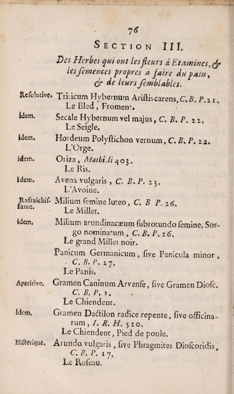 Refclutire* 7<f Section II L Des Herbes qui ont lesfleurs à Etamines lesfemences propres a faire du pain, & de leurs femblablcs. Le Bled, Froment# Idem, Secale Hybernumvel n Le Seigle* idem* Hordetim PolyfHchon L’Orge. idem. Oriza, MatkïJt 403. Le Ris. Idem» Avena vulgaris , C. B. Kafrakhik Milium femins Iuteo, G B P -> $ lâme- Le Miller. sdcnij Milium arundinacæum flibrotundo lemine3 Sor- go nominarnm , C. B. T. 2 6. Le grand Millet noir. Panicum Germanicum s five Panicula minor , . C. B. /3. 2 y. Le Panis. âperitive. Gramen Canînum Arvenfe s five Gramen Diofc* C. B. P k t . Le Chiendent. iderrîà Gramen Dadilon radice repente, five ofîîcina^ rum , /. R, H. 52 o. Le Chiendent, Pied de poule. Miterait, Arundo vulgaris, five Phragmites Diofcoridis ' c p. r. 17, Le Rofeau.