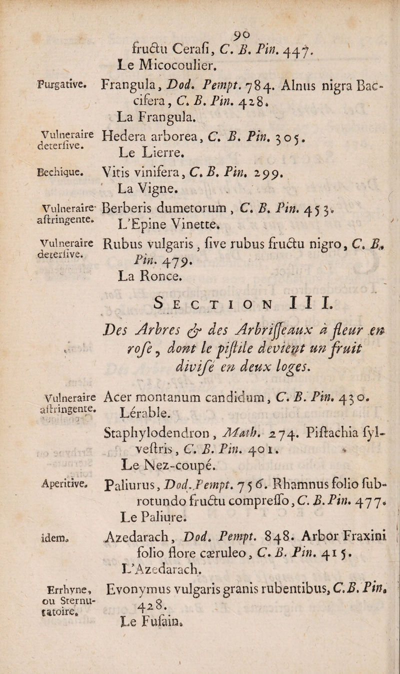 Vulnéraire deterfive. Bechique. Vulnéraire* aftringente. Vulnéraire deterfive. Vulnéraire aftringente. Aperitîve. Idem* Errhyne, ou Srernu- lâtoire» 90 frudu Cerafi, C. B. Pin. 447. Le Micocoulier. cifera, C. B. Fin. 4 2 8. La Frangula. Hedera arborea, C. I?. P/«. 305. Le Lierre. Vitis vinifera, C. P. Pin. 299. La Vigne. Berberis dumetorum , C. 2?. Pin. 453. L’Epine Vinette. Rubus vulgaris} five rubus frudu nigro, C. B+ Pin. 479. La Ronce. Section III. Arbres & des Arbriffeuux à fleur m rofe ? dont le pjiile devient un fruit àivife en deux loges. Acer montanum candidum, C. B. Pin. 430. Lérable. Staphylodendron , Math. 274. Piftachia fyl- veftris, C. B. Pin. 401. Le Nez-coupé. Paliurus, Dod.,Pempt. 756'. Rhamnus folio fub- rotundo irudfcu compreffo, C. 2>. Pi». 477. Le Paîiure. Azedarach, Dod. Pempt. 848. Arbor Fraxini folio flore cæruleo, C. B. Pin. 415» L’Azedarach. Evonymus vulgaris granis rubentibus, C.B. Pin« 428. Le Fuiàin* 1