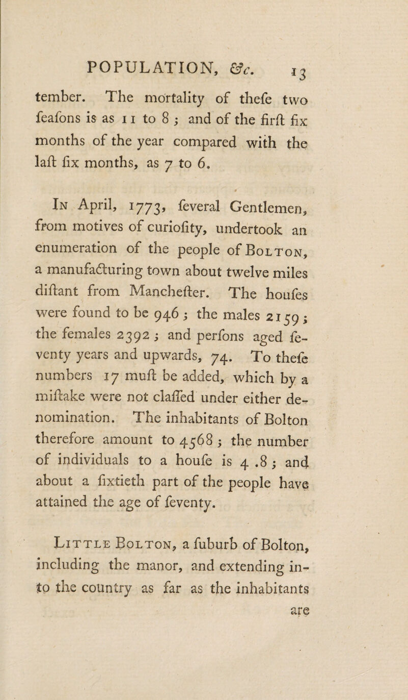 O tember. The mortality of thefe two feafons is as 11 to 8 ; and of the firft fix months of the year compared with the laft fix months, as 7 to 6. In April, 1773, feveral Gentlemen, from motives of curiofity, undertook an enumeration of the people of Bolton, a manufatfluring town about twelve miles diftant from Manchefter. The houfes were found to be 946 ; the males 2159; the females 2392 ; and perfons aged fe- venty years and upwards, 74. To thefe numbers 17 mufl: be added, which by a miftake were not claffed under either de¬ nomination. The inhabitants of Bolton therefore amount to 4568 the number of individuals to a houfe is 4.8; and about a fixtieth part of the people have attained the age of feventy. Little Bolton, a fuburb of Bolton, including the manor, and extending in- tp the country as far as the inhabitants are