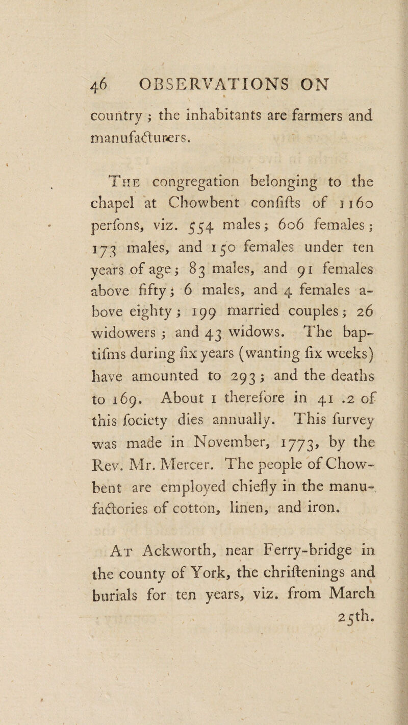 fL ^ country ; the inhabitants are farmers and manufadurers. The congregation belonging to the chapel at Chowbent conlifts of ji6o perfons, viz. 554 males; 606 females; 173 males, and 150 females under ten years of age; 83 males, and 91 females above fifty; 6 males, and 4 females a- bove eighty; 199 married couples; 26 widowers ; and 43 widows. The bap- tifms during fix years (wanting fix weeks) have amounted to 293; and the deaths to 169. About I therefore in 41 .2 of this fociety dies annually. This furvey was made in November, 1773, by the Rev. Mr. Mercer. The people of Chow¬ bent are employed chiefly in the manu- factories of cotton, linen, and iron. At Ackworth, near Ferry-bridge in the county of York, the chriftenings and burials for ten years, viz. from March 25th.