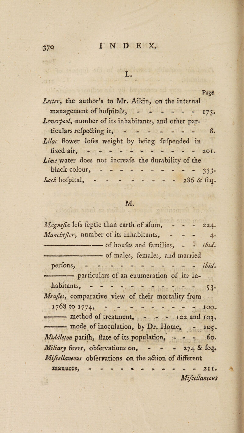 L. Page Lettefy the author’s to Mr. Aikin, on the internal management of hofpitals, - - _ _ - - 173, Le^erpooly number of its inhabitants, and other par¬ ticulars refpeding it, ------ - 8. Lilac flower lofes weight by being fufpended in fixed air, - - --201. Lime water does not increafe the durability of the black colour, - -- -- -- -- - 333. Lock hofpital, - - - - -- -- 286 & feq. M. Magnejta lefs feptic than earth of alum, - - - 224. Manchefier, number of its inhabitants, - - - 4. ‘---of houfes and families, - - ibid, —— -——■ of males, females, and married perfons, - - -- -- -- -- - ibid. ——-- particulars of an enumeration of its in¬ habitants, - --- ------ - 33. Meajlis, comparative view of their mortality from 1768 to 1774, -- method of treatment, - - - 102 and 103, - mode of inoculation, by Dr. Horne, 105. Middleton ^zxi^y ftate of its population, - - - 60. Miliary fever, obfervations on, - - 274 & feq[. Mifcellaneous obfervations on the action of dilferent manures, * - Mifcellanms