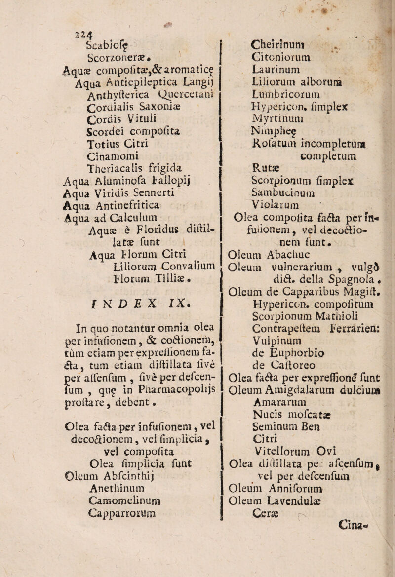 I 224 Scabiofj Scorzonerae. Aqu3e compofitae,&aromatic? Aqua Antiepileptica Langij Anthylterica Quercetani Corciiaiis Saxoniae Cordis Vituli Scordei compofita Totius Citri Cinamomi Theriacalis frigida Aqua Aiuminofa Fallopij Aqua Viridis Sennerti Aqua Antinefritica Aqua ad Calculum Aqu« e Floridus diftil- latae funt Aqua Florum Citri Liliorum Convalium Florum TiIliae. I H D E X IX. In quo notantur omnia olea per infufionem, & cocionem, tum etiam perexpreliionem fa* da, tum etiam diftillata live per affenfum , fi ve per defcen- fum , qup in Pnarmacopolijs proflare, debent • Olea fada per infufionem, vel deco&ionem, vel fimplicia, vel compofita Olea fimplicia funt Oleum Abfcinthij Anethinum Camomelinum Cappar rorum Cheirinum Citon iorum Laurinum Liliorum alborum Lumbricorum Hypericon. fimplex Myrti num Nimphep Rolatum incompletum completum Rutae Scorpionum fimplex Sani bucinum Violarum Olea compofita fada perm* fuiionem, vel aecodio- nem funt.v Oleum Abachuc Oleum vulnerarium > vulg5 did. della Spagnola« Oleum de Capparibus Magift. Hypericon. compofitum Scorpionum Mathioli Contrapefiem Ferrariem Vulpinum de Euphorbio de Caftoreo Olea fada per expreflione funt Oleum Amigdalarum dulcium Amararum Nucis mofcatae Seminum Ben Citri Vitellorum Ovi Olea diftillata pe; afcenfumg vel per defcenfum Oleum Anniforum Oleum Lavendula? Cerse Cina*