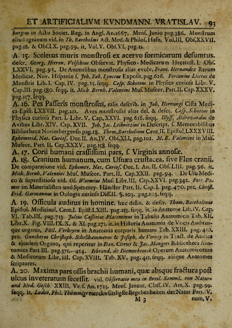 btirgius in Adis Societ. Reg. in Angi. An.1667. Menf. Junio pag.386. Monftruni aliud agninum vid. in Tb. Bartholini Ad. Med. & Philof. Hafn. V6i.HI. Obf.XXVH. pag.58. & Obf.LX. pag.99, it. Vol.V. Obi.VI. pag.21. A. 15. Sceletus muris monflrofi ex acervo formicarum defumtus. defer. Gcorg* Hieron. Velfchius Obfervat. Phyfico - Medicarum Hecatofl.I, Obfe LXXVI. pag.99 De Animalibus monftrofis alias evolsr.Franc. Hernandez Rerum Medicar. Nov. Hifpaniae f. Job. Fab. Lyncem Expolit, piig.626. Fortunius Licetus de Monftris Lib. 1. Cap. IV. pag. if.feqq, Cafp. Scbottus in Phyiica curiofa Libr. V. C3p.Hl. pag.580* feqq. it* Micb. Bernb. Valentini Muf.Mufeor.Part.il. Cap. XXXV. pag.itf.feqq. A. 16. Pes PalTeris monflrofus, talis defcrib. in Job. Horr.ungi Cilla Medi- ca Epift. LXXVII. pag.2fi. Aves monftrofas alias dei. & defer. Cafp. Sibottus in Phyfica curiofa Part. I. Libr.V. Cap, XXVI. pag.6i6.feqq. Ulyjf- Aldrovandus de Avibus Libr.XIV. Cap. XVII. Job.Jac. Leibnitzim inDefcript. f. Memorabilibus Bibliothecae Norimbergenfis pag.ig. Tbom.Bartholinus Cent.II. Epidol.LXXX VIIL Ephemerid.Nat. Curio f Dec.II. An.IV. Obl.XLI. pag.ioi. M. B. Valentini in Muf Mufeor. Part. II. Cap.XXXV. pag.158 feqq* A. 17. Corii humani craffiffimi pars, £ Virginis annofe. A. 18- Cranium humanum, cum Ufnaea cruftacea, five Flos cranii. De comparatione vid. Epbemer. Nat. Curiof Dec.I. An. II. Obf. Llil. pag.96. it. Mieh. Bernb. Valentini Muf. Mufeor. Part.II. Cap.XXII. p3g*94< De Ulu Medi¬ co & luperfeitiofo vid. Ol. Wormim Muf. Libr.III. Cap.XXVL pag-342. Betr Po- met im Materialiften-undSpezerey- Handler Part. II. Cap. I. pag<47°* Prc. Cbrift. Erid. Garmannus in Oologia curiofa DiflHI. §.103. pag.iQ3.feqq. A. 19. Officula auditus in homine, haec delin. & defer. Tbom. Bartholinus Epiftol. Medicinal. Cent.I. Epill.LXIIL pag.255. feqq. it. inAnatome Lib.iV. Cap. VI. Tab.III. pag.713. Julius Cajferiiu Placentinus in Tabulis Anatomicis i ab. XH. Libr.X. Fig. VIII. IX. X. & XI. pag.27i. it.in Hiftoria Anatomia de Vocis Auditus¬ que organis, Pbil. Verbeyen in Anatomia corporis humant Tab. XXIII. pag. 410* prc. Guntberm Cbrifloph. Scbellhammerus 61 Jofeph. du Vemey in Tra£l. de Auditu & ejusdem Organo, qui reperitur in Dan. Clerici & Jac. Mangett Bibliotheca Ana¬ tomica Part.III. pag.37f.-454. Isbrand. de Dkmerbroeck Operum Anatomicorum & Medicorum Libr.III. Cap.XVHI. Tab.XV. pag.4n.feqq. aliique Anatomes feriptores. A. 20. Maxima pars offis brachii humani, quas absque fraflura poft ulcus inveteratum feceffit. vid. Obfervatio mea in BresL Samml. von Natui - und Med. Gefcb. XXIII. Ve/f An. 1723. Menf. Januar. Claff.IV. Art.X. pag.99. feqq, it. Ludov%PhiL J^^z^xmerckwur.digfteBegebenhctten der Natur Part. 1V.