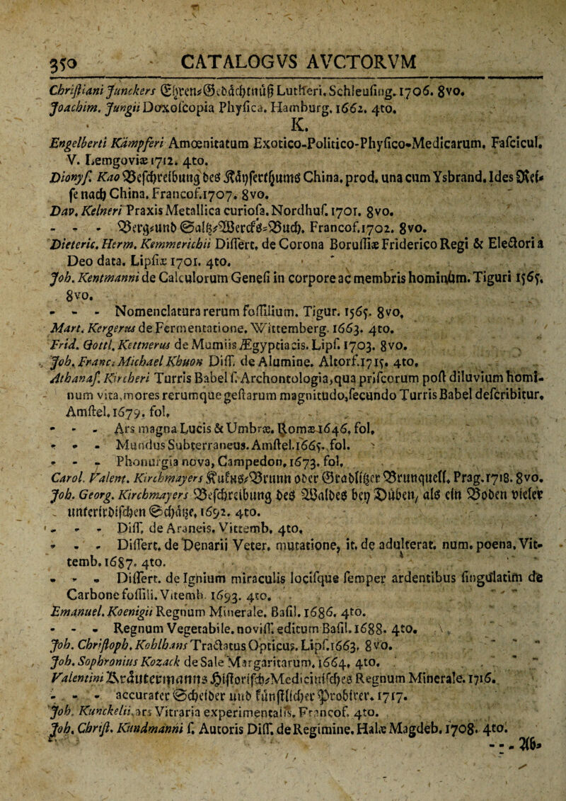 •——: ...— -----——— ■—-—r——'i..,,., ,.«- Chriftlani Junckers (£en^©c£»dd>fmig LutKeri, Schleufing. 1706. 8vo, Joacbim. Jungii Doxolcopia Phyiica. Hamburg. 1661. 4to. K. Engelberti KdmpferiAmoenitatum Exotico-PoIitico-Phyfico*MedIcarum, Fafcicuf. V. Lemgovia? 1712. 4to. Dionyf, Kao 555efd>retbu«g M China, prod. una cum Ysbrand. Ides fe ttadj China. Francof.1707, 8vo. Dav< /C^mTraxisMetallica curiofa.Nordhuf. 1701. 8vo. - ^ - 55a*^unt)@al^2Bercf^35ucb, Francof.lyoi» 8vo. Dieteric.Herm.Kmmericbii Differt, de Corona Boruffte Friderico Regi & Ele&oria Deo data. Lipfk 1701. 4to, • 7 ; ^ J . Job. Kenimanni de Calculorum Genefi in corpore ac membris homiubm. Tiguri 156?, 8vo. - - - Nomenclatura rerum fofTilium. Tigur. 1565*. 8vof Man. Kergerm de Fermencadone. Wktemberg. 1663. 4C0. Fnd. Qottl. Kettnerm de Mumlis iEgypciacis. Lipf. 1703. 8 vo. fob, Frand Mtcbael Kbnon Diff de Alumine. Altorfjyjy, 4tof Atbanaf. Kircberi Turris Babel f, Archontalogia,qua prifcorum pofl diluvium homi¬ num vita.mores rerumque geflarum magnitudo/ecundo Turris Babel defcribitur* Amftel.1679. fol, .. . ^ • Ars magoa Lucis & Umbros. ^.01113^1646, fol, - - - Mundus Subterraneus-Amftel. 166^,fol. > - - Phonurgia nova, Campedon, 1673. fol, Carol. P'alem. Kircbmayers ^ufN^^rium odcc ©rabitor 35runc}uelh Prag.^is.8V0* Job- Georg, Kirehmayers 23efc&rdbuttg bt$ S\3rtlbe$ bo? ©Ubttt/ afe cftt SSoben tHtfetF 7 tmfcrirbifdKn ©d)a!K» ^92. 4to. • ~ - - Diff de Araneis, Vittemb, 4to, • - - Differt, de Denarii Veter, mutatione, it. de adulterat, num. poena. Vit- temb, 1687- 4t0* • ^ Differt, de Ignium miraculis locifque femper ardentibus fingulatim die Carbone foflili.Vitemh. 1693. 4to. Fmttmel.Koenigit Regnum Minerale, Bafil. l6$6, 4to. - - - Regnum Vegetabile, noviff, editum Bafil.l688« Job. Chriftopb.Kohlhans Tra&atus Opticus. Lipf.1663, 8^0. Job. Sopbromus Kozack de Sale Margaritarum, 1664, 410. * 7 Valentini &rautentiamt5 Jg)i|!on'f^Medieitifrcbe3 Regnum Minerale. 1716. - - - accuratccScbdbertwbftm^ 'job,, Kunckdii^t% Vitraria experimentaifs.Francof 4to. job, Cbrifi. Kmdmanni f. Auroris Diff. de Regimine. Habe Magdeb. 170R. 4to. „. - -. 3(6*