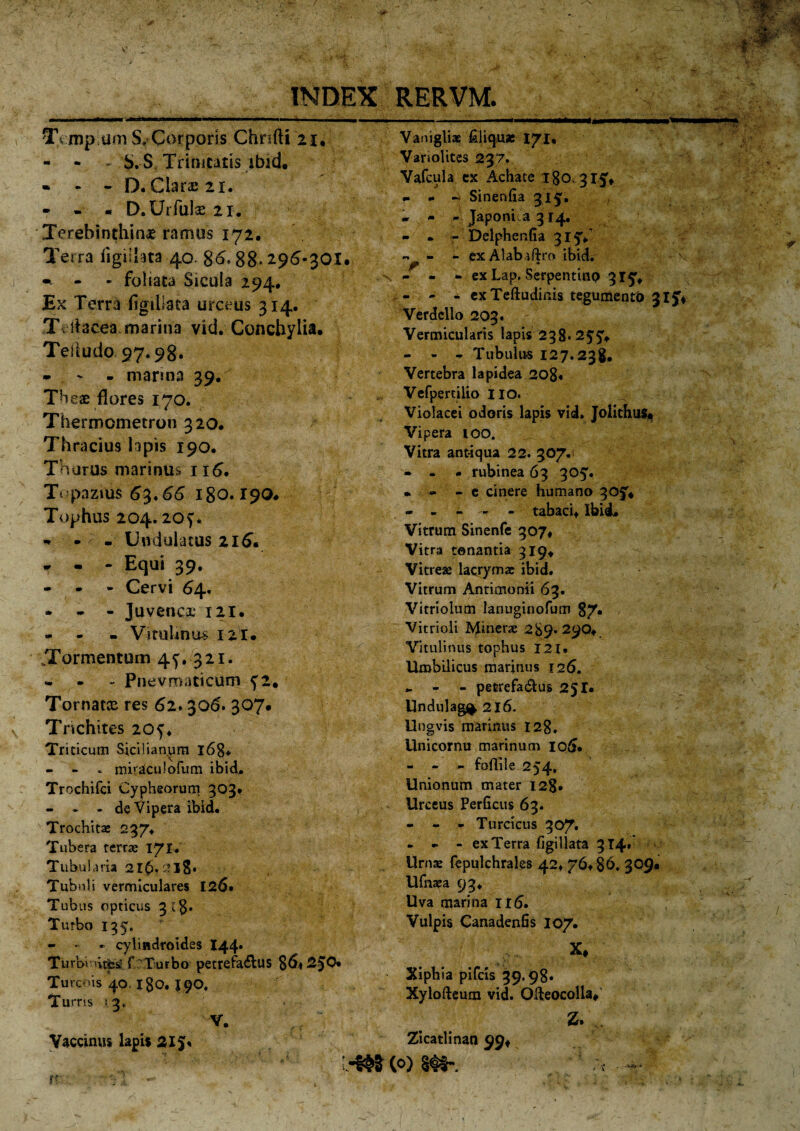 Tcmp um S, Corporis Chrifti 21. - - - S. S Trinitatis ibid. - * - D. Clara; 21. - D.Urfuls 21. Terebinthinae ramos 172. Terra ligilhta 40. 86» 88- 296-301 - - foliata Sicula 294. Ex Terra figiUata urceus 314. Teitacea marina vid. Conchylia. Teflodo.97.9g. - - - marina 39.^ TH eae flores 170. Thermometron 320. Thracius lapis 190. Thurus marinus 116. Topazius 6$. 66 igo. 190# Tophus 204.205* - - - Undulatus 216. - - - Equi 39. - - • Cervi 64, - - - Juvenca; 121. - Vitulinas 12X. Tormentum 45. 321. - - Pnevroaticum 52, Tornacse res 62.306* 307. Tnchites 205. Triticum Sicilianura 168* - - * mhacuJofum ibid, Trochifci Cypheorum 303» - - - de Vipera ibid. Trochitae 237. Tubera terrae 171. Tubularia 21$.'218» Tubuli vermiculares £26. Tubus opticus 3 l8* Turbo 135. - • « cylindroides 144* TurbiwitesR f Turbo petrefa£lus §6*2$0* Turcois 40. igo. J90. Turris s 3, V, Vaccinus lapis 21% rfc •••vi -* Variolites 237. Vafcula ex Achate igo. 315«, - - - Sinenfia 3 i5'. • - - Japonua 314. - . - Delphenfia 315,1 « - - ex Alabaftro ibid. - - - ex Lap. Serpentino 315% - - * exTeftudinis tegumento 315* Verdcllo 203. Vermicularis lapis 238*255'. - - - Tubulas 127.238. Vertebra lapidea 208. Vefpertilio lio. Violacei odoris lapis vid. Jolithuf* Vipera 100. Vitra ant4qua 22. 307.1 • - - rubinea 63 305. • -- - e cinere humano 30^. ----- tabaci. Ibid, Vitrum Sinenfe 307. Vitra tonantia 319. Vitreae lacrymae ibid. Vitrum Antimonii 63. Vitriolum lanuginofum 87. Vitrioli Minctae 289* 290. Vitulinus tophus 121. Umbilicus marinus 126. - - - petrefa&us 251. Undulag%2l6. Ungvis marinus 128. Unicornu marinum 106* - - - foflile 254, Unionum mater 128* Urceus Perficus 63. - - - Turcicus 307. - - - ex Terra figi!lata 3T4» Urnae fepulchrales 42. 76. 86. 309. Ufnaea 93. Uva marina 116. Vulpis Canadenfis 107. X. Xiphia pifcis 39.98* Xylofteum vid. Olteocolla. 2. Zicatlinan 99. ■ -m (°) m-. INDEX RERVM. Vaniglia? filiqu* 171,