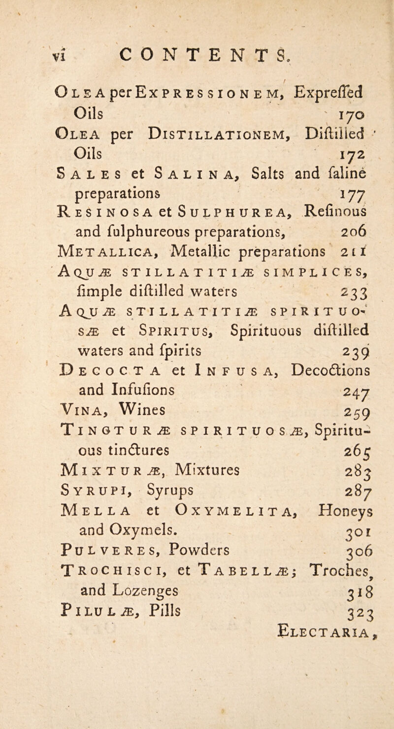 ! O L s A per Express lONEM, ExprefTed Oils 170 Olea per Distillationem, Diftilled ■ Oils 172 Sales et Salina, Salts and faline preparations 177 Resinosa et Sulphurs A, Refinous and fulphureous preparations, 206 Metallica, Metallic preparations 2ii ' A QJJ M STILLATITI^ SIMPLICES, fimple diftilled waters 233 A QJU M STILLATITIJE SPIRITUO' SyE et Spiritus, Spirituous diftilled waters and fpirits 239 D EGocTA et Infusa, Decodtions and Infufions ’ 247 Vina, Wines 259 Tingtur^ spirituo s Spiritu¬ ous tindlures 265 M ixTUR^, Mixtures 283 Syrup I, Syrups 287 Mella et OxYMELiTA, Honeys and Oxymels. - ^oi PuLvEREs, Powders 306 Trochisci, et T ABELLS; Troches, and Lozenges 318 PiLULJE, Pills 323 Electaria,