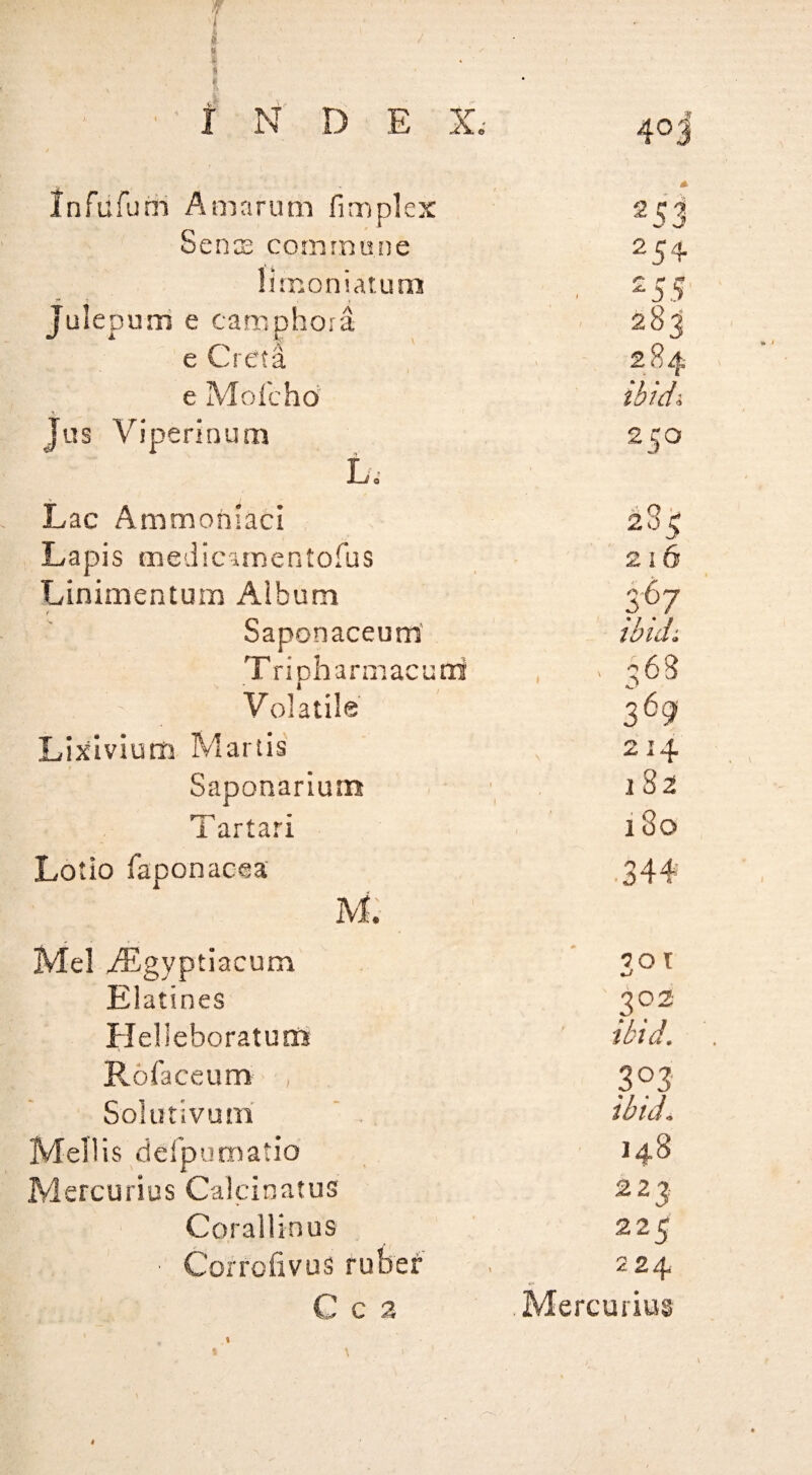f i e- S 1 ■ 1 N' D E X.- 403' Infiifurii Amarum fimplex 253 Sense commune limoniarum ^ 3) 3' Julepurri e camphoja 283 e Creta 284 e Mofcho' ibidi Jus Viperinum L. 250 Lac Ammohlaci 2S3 Lapis medicimentofus 216 Linimentum Album f 3-67 Saponaceum ibicL T ri oh armacuni Volatile 369 Lixivium Martis' 214 Saponarium 182 Tartar! DO 0 Lotio faponacea .344 M. Mel Aigyptiacum VO t Elatines 302 Helleboraturts ibid. Roraceum , 303 Solutivuni ' . ibid. Mellis defpumatio 148 Mercurius Calcinatus 223 Corallinus 224 Corrofivus ruter 224 Cd c ^ Mercurius S \ <