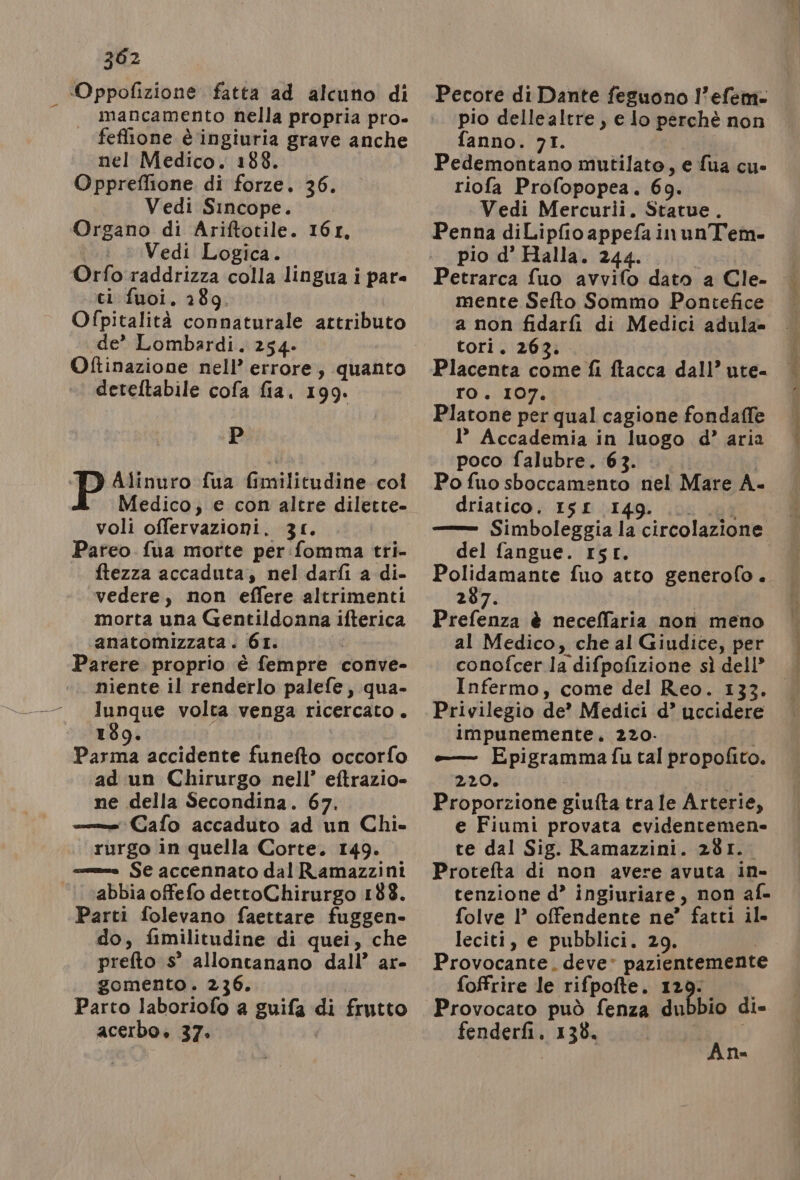 Oppofizione fatta ad alcuno di mancamento nella propria pro- feffione è ingiuria grave anche nel Medico. 188. Oppreflione di forze, 36. Vedi Sincope. Organo di Ariftotile. 16L, | Vedi Logica. Orfo raddrizza colla lingua i par= ci fuoi. 289. Ofpitalità connaturale attributo de’ Lombardi. 254- | Ofinazione nell’ errore, quanto deteftabile cofa fia. 199. p Medico; e con altre dilette- voli offervazioni, 31. Pareo fua morte per .fomma tri- ftezza accaduta, nel darfi a di- vedere, non effere altrimenti morta una Gentildonna ifterica anatomizzata. 61. Parere proprio è fempre conve- niente il renderlo palefe, qua- nane volta venga ricercato. 139. ad un Chirurgo nell’ eftrazio» ne della Secondina. 67. —: Cafo accaduto ad un Chi» rurgo in quella Corte. 149. «nz» Se accennato dal Ramazzini abbia offefo dettoChirurgo 188. Parti folevano faettare fuggen- do, fimilitudine di quei, che prefto s° allontanano dall’ ar- gomento. 236. Parto laboriofo a guifa di frutto acerbo. 37. Pecore di Dante feguono l’efem.- pio delle altre, e lo perchè non fanno. 71. Pedemontano mutilato, e fua cu- riofa Profopopea. 69. Vedi Mercurii. Statue. Penna diLipfio appefainunTem. pio d’ Halla. 244 Petrarca fuo avvifo dato a Cle- mente Seflto Sommo Pontefice a non fidarfi di Medici adula= tori. 263. Placenta come fi ftacca dall’ ute- ro. I07. Platone per qual cagione fondale 1’ Accademia in luogo d’ aria poco falubre. 63. Po fuo sboccamento nel Mare A. driatico. 15£ 1149... _.. —— Simboleggia la circolazione del fangue. Ist. LA fuo atto generofo. 297. Prefenza è neceffaria non meno al Medico, che al Giudice, per conofcer la difpofizione sì dell’. Infermo, come del Reo. 133. Privilegio de’ Medici d’ uccidere impunemente. 220- -— Epigramma fu tal propofito. 220. | Proporzione giufta tra le Arterie, e Fiumi provata evidentemene te dal Sig. Ramazzini. 281. Protefta di non avere avuta in- tenzione d’ ingiuriare, non af- folve 1° offendente ne” fatti il. leciti, e pubblici. 29. | Provocante. deve» pazientement foffrire le rifpofte. 129: i Provocato può fenza dubbio di- fenderfi, 133. io i | An