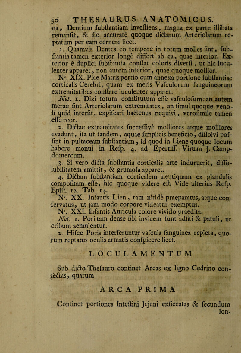 na, Dentium fubftantiam inveftiens, magna ex parte illibata remanfit, & fic accurate quoque didarum Arteriolarum re¬ ptatum per eam cernere licet. 3. Quamvis Dentes eo tempore in totum molles fint, fub- fiantiatamen exterior longe differt ab ea, quae interior. Ex¬ terior 6 duplici fubftantia conflat coloris diverfi , ut hic lucu¬ lenter apparet, non autem interior, quae quoque mollior. N°. XIX. Piae Matris portio cum annexa portione fubftantiae corticalis Cerebri, quam ex meris Vafculorum fanguineorum extremitatibus conflare luculenter apparet. iVo/. 1. Dixi totum conftitutum efle vafculofum: an autem merae fint Arteriolarum extremitates, an fimul quoque veno- fi quid interfit, expifcari hadenus nequivi, verofimile tamen effe reor. z. Didae extremitates fucceflive molliores atque molliores evadunt, ita ut tandem, aquae fimplicis beneficio, diffolvi pof- fint in pultaceam fubftantiam , id quod in Liene quoque locum habere monui in Refp. 4. ad Epertiff. Virum J. Camp- domercum. 3. Si vero dida fubftantia corticalis arte induruerit, diffo- lubilitatem amittit, & grumofa apparet. 4. Didam fubftantiam corticalem neutiquam ex glandulis compofitam effe, hic quoque videre eft. Vide ulterius Refp, Epifl. iz. Tab. 14. N\ XX. Infantis Lien , tam nitide praeparatus, atque con- fervatus, ut jam modo corpore videatur exemptus. N\ XXL Infantis Auricula colore vivido praedita. Not. 1. Pori tam dense fibi invicem funt adfiti & patuli, ut cribum aemulentur. z. Hifce Poris interferuntur vafcula fanguinea repleta, quo¬ rum reptatus oculis armatis confpicere licet. LOCULAMENTUM Sub dido Thefauro continet Arcas ex ligno Cedrino con- fedas, quarum ARCA PRIMA Continet portiones Inteftini Jejuni exficcatas & fecundum lon-