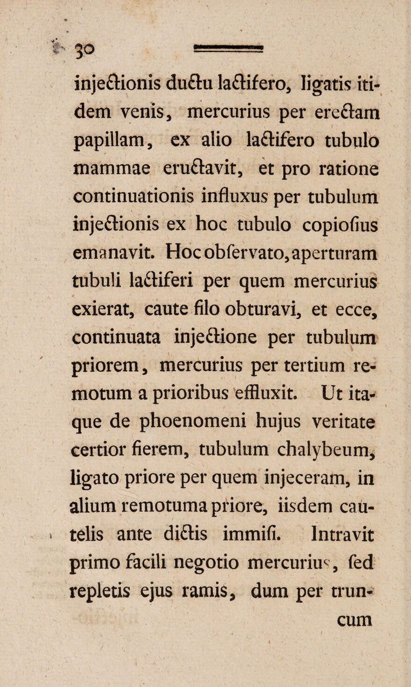 injeftionis du£lu la£lifero, ligatis iti¬ dem venis, mercurius per ereftam papillam, cx alio laftifero tubulb mammae eruftavit, et pro ratione continuationis influxus per tubulum inje£l:ionis ex hoc tubulo copiofius emanavit. Hocobfervato,aperturam tubuli la6Hferi per quem mercurius exierat, caute filo obturavi, et ecce, continuata injeftione per tubulum priorem, mercurius per tertium re¬ motum a prioribus ‘effluxit. Ut ita¬ que de phoenomeni hujus veritate certior fierem, tubulum chalybeum, ligato priore per quem injeceram, in alium remotuma priore, iisdem cau¬ telis ante diftis immifi. Intravit primo facili negotio mercurium , fed repletis ejus ramis, dum per trun¬ cum