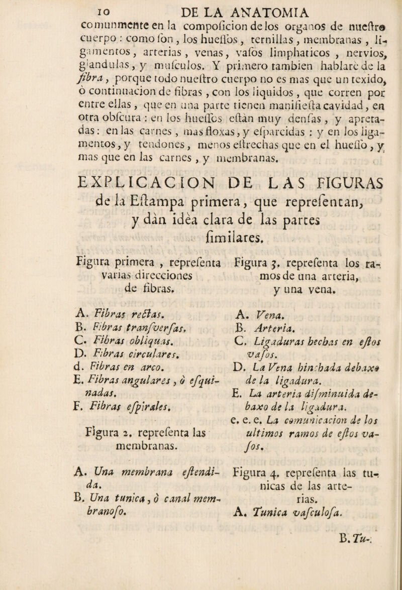 comunmente en la compoficion délos órganos de nueftra cuerpo : como fon , los huellos, ternillas , membranas , li¬ gamentos , arterias , venas, vafos limphaticos , nervios, glándulas, y mu (culos. Y primero también hablaré de la fibra, porque todo nueltro cuerpo no es mas que un texido, ó continuación de fibras , con ios líquidos, que corren por entre ellas, que en una parte tienen manifieíta cavidad, en otra obfeura : en los huellos eftán nuiy denlas, y apreta¬ das: en las parnés , masfloxas,y efparcidas : y en los liga¬ mentos , y tendones, menos eítrechas que en el huello, y mas que en las carnes , y membranas. EXPLICACION DE LAS FIGURAS de la Eítampa primera, que reprefentan, y dan idea clara de las parces fimilares. Figura primera , reprefenta vanas direcciones de fibras. A. Fibras retías. B. Fibras tranfverfas, C. Fibras obliquas. D. Fibras circulares. d. Fibras en arco. E. Fibras anclares , ó efqui- nadas. F. Fibras efpirales. Figura 2, reprefenta las membranas. Figura j. reprefenta los ra¬ mos de una arteria, y una vena. A. Vena. B. Arteria. C. Ligaduras hechas en efios vafos. D. La Vena hinchada debaxe de la ligadura. E. La arteria difminuida de- baxo de la ligadura. e. e. e. La comunicación de los últimos ramos de efios va- Jos. A. Una membrana efiendi- da. B. Una túnica, o canal mem-> branofo. Figura 4. reprefenta las tú¬ nicas de las arte¬ rias. A. Túnica vafeulofa. B. Tu-: