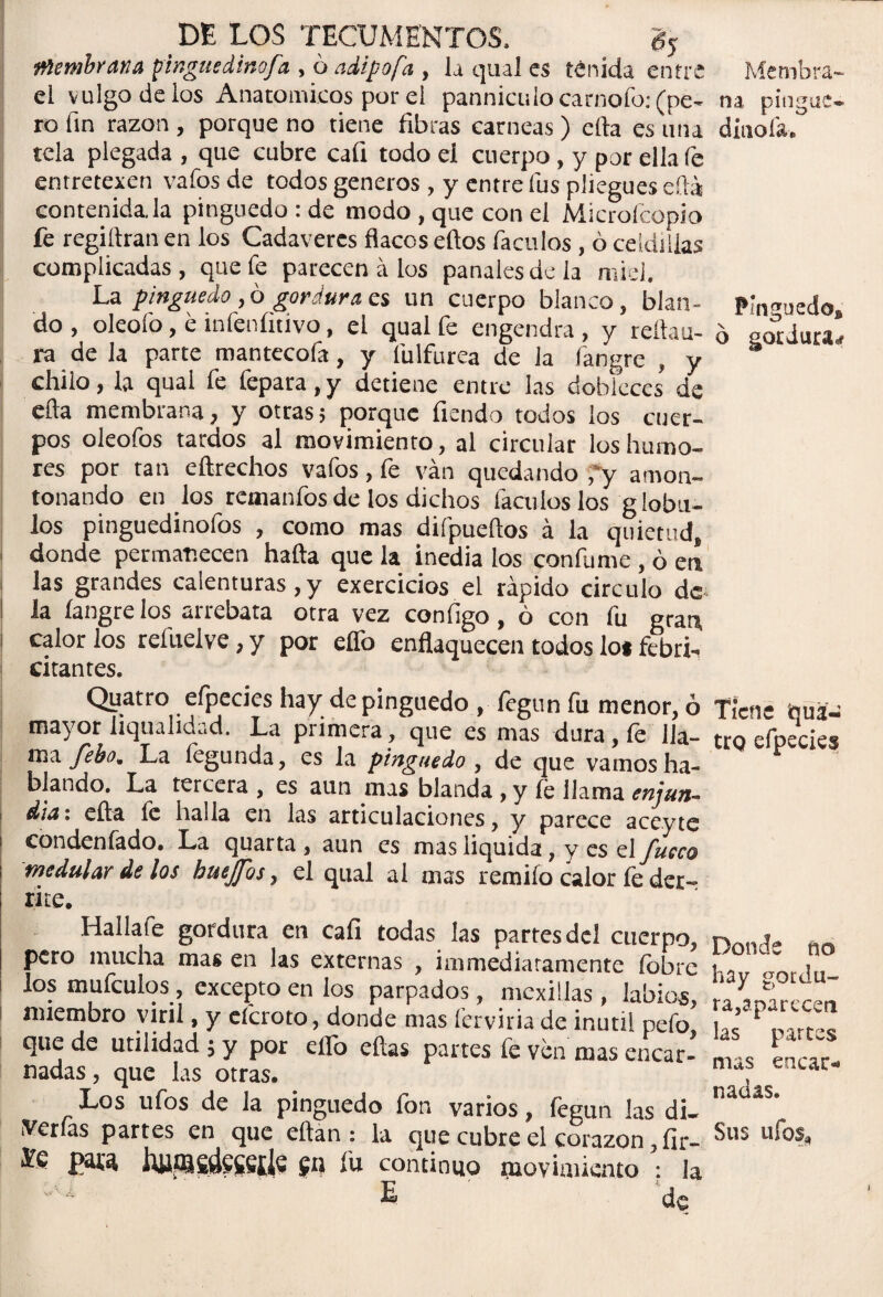 Membrana pingue dinofa , ó adipofa , la qual es tenida entre ei vulgo de los Anatómicos por ei panniculo carnofo: (pe¬ ro fin razón , porque no tiene fibras carneas) efta es una tela plegada , que cubre cali todo el cuerpo , y por ella fe entretexen vafos de todos géneros , y entre fus pliegues efta contenida, la pinguedo : de modo , que con el Microfcopio fe regiftran en los Cadáveres flacos eftos faculos , ó celdillas complicadas, que fe parecen á los panales de la miel. La pinguedo , ó gordura es un cuerpo blanco, blan¬ do, oleofo, e infenfitivo, el qual fe engendra , y reftau- ra de la parte mantecofa, y fulfurea de Ja fangre , y chiio, la qual fe fepara,y detiene entre las dobleces de efta membrana, y otras5 porque Tiendo todos ios cuer¬ pos oleofos tardos al movimiento, al circular los humo¬ res por tan eftrechos vafos, fe van quedando fy amon¬ tonando en los remanfosde los dichos faculos los glóbu¬ los pinguedinofos , como mas difpueftos á la quietud, donde permanecen hafta que la inedia los confume , ó en las grandes calenturas,y exercicios el rápido circulo de: I la íangre los arrebata otra vez configo, ó con fu grar^ calor los refuelve, y por elfo enflaquecen todos lo* febri¬ citantes, Quatro efpecies hay de pinguedo , fegun fu menor, ó mayor 1-iqualidád. La primera, que es mas dura, fe 11a- | ma febo*. La fegunda, es la pinguedo , de que vamos ha¬ blando. La tercera , es aun mas blanda , y fe llama enjun* 1 diaz efta fe halla en las articulaciones, y parece aceyte 1 condenfado. La quarta , aun es mas liquida, y es el fucco medular de los huefos, el qual al mas remiío calor fe der¬ rite. Hallafe gordura en cafi todas las partes del cuerpo, pero mucha mas en las externas , immediatamente fobre los mufeulos , excepto en los parpados, mcxiilas , labios, miembro viril, y efcroto, donde mas ferviria de inútil pefo que de utilidad , y por elfo eftas partes fe ven mas encar¬ nadas , que las otras. Los ufos de la pinguedo fon varios, fegun las di¬ ferías partes en que eftan : la que cubre el corazón ,fir- par ¿i EníSSdgggtis gu íü continuo movimiento : la E de Membra¬ na pingue- ditiofa. Pinguedo* O gOtduUrf Tiene quá- trq efpecies Donde no hay gordu¬ ra,aparecen las partes mas encar* nadas. Sus tifos*,