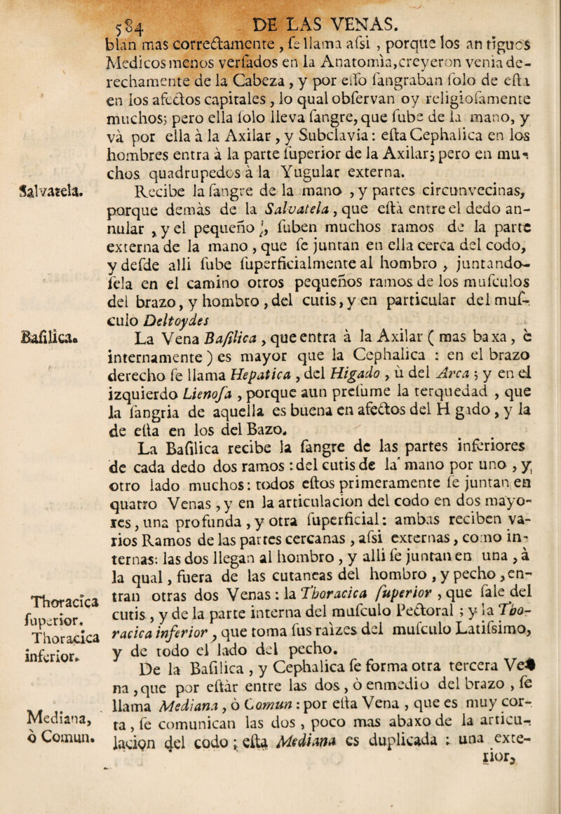 Sálvatela. Bafilica» Thoracica íuperior. Thor acica inferior* Mediana, ó Común. 5S4 DE LAS VENAS, blan mas correctamente , fe llama afsi , porque los an tigucs Médicos menos veríados en la Anatomía,creyeron venia de¬ rechamente de la Cabeza, y por effo fangraban foio de efta en ios aféelos capitales , lo qual obfervan oy religlofamente muchos; pero ella íolo lleva fangre, que fube de la mano, y va por ella á la Axilar , y Subclavia: efta Cephalica en los hombres entra á la parte íuperior de la Axilar, pero en mu*, chos, quadrupedos á la Yugular externa. Recibe la fangre de la mano , y partes circunvecinas, porque demás de la Sálvatela, que eítá entre el dedo an- nular , y el pequeño ¡, fuben muchos ramos de la parte externa de la mano , que fe juntan en ella cerca del codo, ydefde alli fube fuperfkialmenteai hombro, juntando- ida en el camino otros pequeños ramos de los mufeulos dei brazo, y hombro, del cutis, y en particular del mai¬ cillo Deltoides La Vena Bafilica , que entra á la Axilar ( mas baxa, e internamente) es mayor que la Cephalica : en el brazo derecha fe llama Hepática , del Hígado , ü del Arca ; y en el izquierdo Lienofa , porque aun prefume la terquedad , que la íángria de aquella es buena en afeites del H gado, y la de ella en los del Bazo. La Bafilica recibe la fangre de las partes inferiores de cada dedo dos ramos :del cutis de la* mano por uno , y otro iado muchos: todos eftos primeramente fe juntan en quatro Venas, y en la articulación del codo en dos mayo¬ res, una pro funda, y otra fuperficial: ambas reciben va¬ rios Ramos de las partes cercanas , afsi externas, co no in¬ ternas: las dos llegan al hombro , y alli fe juntan en una , a la qual, fuera de las cutáneas deL hombro , y pecho en¬ tran otras dos Venas : la Tboracica fuperior , que fale del cutis , y de la parte interna del mufeulo Pectoral ; y la Loo- racica inferior ? que toma fus raizes del mufeulo Latifsimo, y de todo el lado del pecho. De la Bafilica , y Cephalica fe forma otra tercera Ve# na ,que por eftár entre las dos, 6 enmedio del brazo , fe llama Mediana, ó Común: por ella Vena , que es muy cor¬ ta , fe comunican las dos, poco mas abaxo de la articu¬ lación del codo; cita Mediana es duplicada ; una exte- iior>