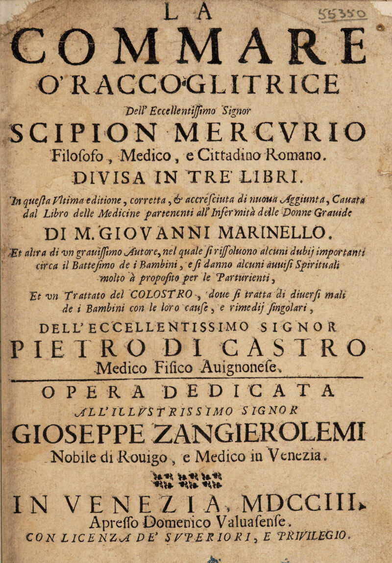 Dell’ Eccelle ntijftmo 'Signor SCIPION MERCVRIO Filofofo , Medico, e Cittadino Romano. DIVISA IN TRE LIBRI. In quejìa fltimaedìtìone, corretta, & accréfciuta di nuómMggiuntaì Canata dal Libro delle Medicine fartenenti alì infer mità deile Donne Grauide DI M. GIO V A N NI MARINELLO. Mt altra di vn grauijfmo uiutore^ nel quale fi rìjfiluono alcuni dubìj importanti circa il Batte fimo de i Bambini ^e fi danno alcuni àmtfi Spirituali - molto a propofto per le Tarirnienti ì ;'Et vn Trattato del COLOSTRO 5 -doue fi tratta di diuerfi mah de i Bambini con le lóro caufè -5 e rimedi; [ingoiar i y DELL’ ECCELLENTISSIMO SIGNO R PIE! R O D I CASTRO Medico Fi fico O P E a A D E D I G A T A M L L’ILLFSTRIS S ÌMO SIGNOR GIOS E P PE ZANGlEROLc. Nobile di Rouigo , e Medico in Venezia ^ IN VENEZIA, Aprefio Domenico Va 1 uaTenie. CON LICE NZM DE’ S FT ERIO RI, E TRIFILEGIO.