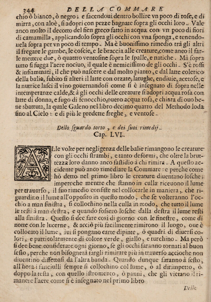 chio ò bianco, ò negro * e facendoui dentro bollire vn poco di rofe, e di mirra ,con aloè, fiadopri con pezze bagnate fopra gli occhi loro Vale anco molto il decotto del fien greco fatto in acqua con vn poco di fiori di camamilla 5 applicandolo fopra gli occhi con vna fponga, e tenendo¬ cela fopra per vn poco di tempo Ma è buoniffimo rimedio, tra gli altri il fregare le gambe, le cofcie^e le braccia alle creature,come anco il far¬ le mettere due, ò quattro ventofine fopra le fpalle, e natiche. Ma fopra tutto fi fugga Taere nociuo, il quale è nemiciffimo de gli occhi... S'è rofli & infiammati, il che può nafeere e dal molto pianto, e dal latte colerico della balia, fubito fi alteri il latte con orzate^ latughe, endiuie, acetofe, e la nutrice lafci il vino gouernandofi come li è infegnato di fopra nelle intemperanze calde,&à gli occhi delle creature fiadopri acqua rofa con latte di donna, e fugo di fenocchio,ouero acqua rofa, e chiara di ouo be¬ ne sbattuta, la quale Galeno nel libro decimo quarto del Methodo lodai ino al Cielo > e di piale predette freghe e ventofe ~ Del fa [guardo torto y e: dei fu oi rimedi Gap.. LVfo Lle volte per negligenza delle balie rimangono le creature 5 con gli occhi ftrambi, e tanto deformi, che oltre la brut- tezzaloro danno ancofadidioà chi rimira . A quello ac¬ cidente può anco rimediare la Gommare re perche come ho detto* nel primo^ libro le creature diuenta-no dolche; imperoche mentre che Hanno in culla riceuono il lume per trauerfo , il fuorimedio con fi He nel collocarle in maniera,, che ri¬ guardino il lume alifoppofito in quello modoche fe volteranno roc¬ chio a man fini lira, fi collochino nella culla in modo, che tutto il lume krdli à man delira, e quando fodero ìofche dalla delira il lume redi alla Anidra. Quello fi dee fare così di giorno eoa lefinedre, come di notte con le lucerne, & acciò più facilmente rimirono il luogo , oueè collocatoli lume, iui fi pongano carte dipinte,, ò quadridi diuerfi co¬ lori , e particolarmente di colore verde, gialloe turchino... Ma però fi dee bene confiderare ogni giorno , le gii occhi faranno tornati al buon fedo, perche non bifognerà fargli rimirare più in trauerfo accioche non diuentino diffettofi da f altra banda... Quando dunque faranno a fedo, airhora i fanciulli fempre fi collochino col lume, ò al dirimpetto, ò doppo la teda ,k con quello idromento , ò panni, che gli vietano il ri¬ manere faere come fi è infegnato nel primo libro De Ih