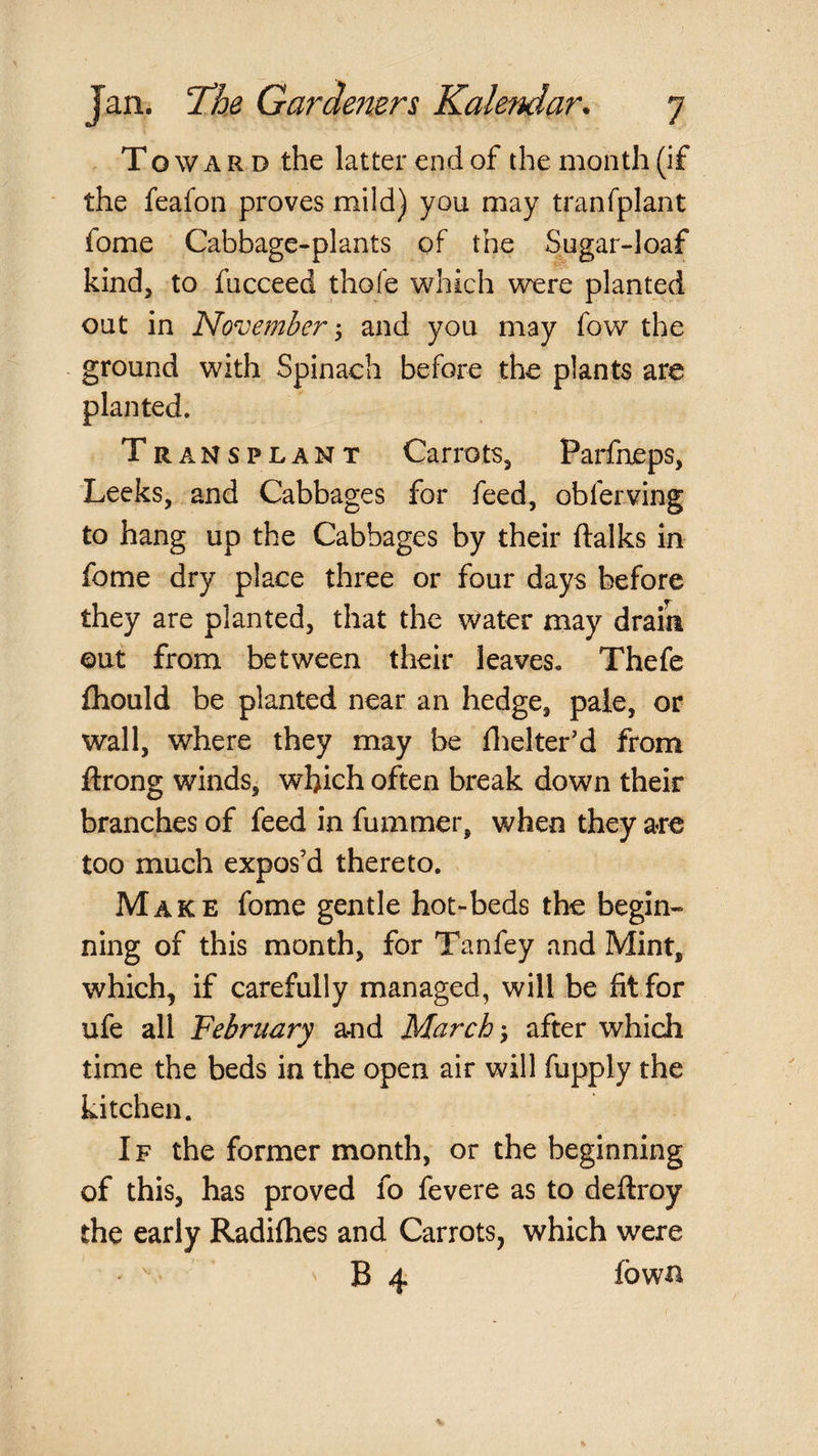 Toward the latter end of the month (if the feafon proves mild) you may tranfplant fome Cabbage-plants of the Sugar-loaf kind, to fucceed thofe which were planted out in 'November y and you may fow the - ground with Spinach before the plants are planted. Transplant Carrots, Parfneps, ’Leeks, and Cabbages for feed, obferving to hang up the Cabbages by their ftalks in fome dry place three or four days before they are planted, that the water may drain ©uf from between their leaves, Thefe fhould be planted near an hedge, pale, or wall, where they may be fl:ielter’d from ftrong winds, which often break down their branches of feed in fummer, when they are too much expos’d thereto. Make fome gentle hot-beds the begin* ning of this month, for Tanfey and Mint, which, if carefully managed, will be fit for ufe all February and March 5 after which time the beds in the open air will fupply the kitchen. If the former month, or the beginning of this, has proved fo fevere as to deftroy the early Radilhes and Carrots, which were B 4 fbwn