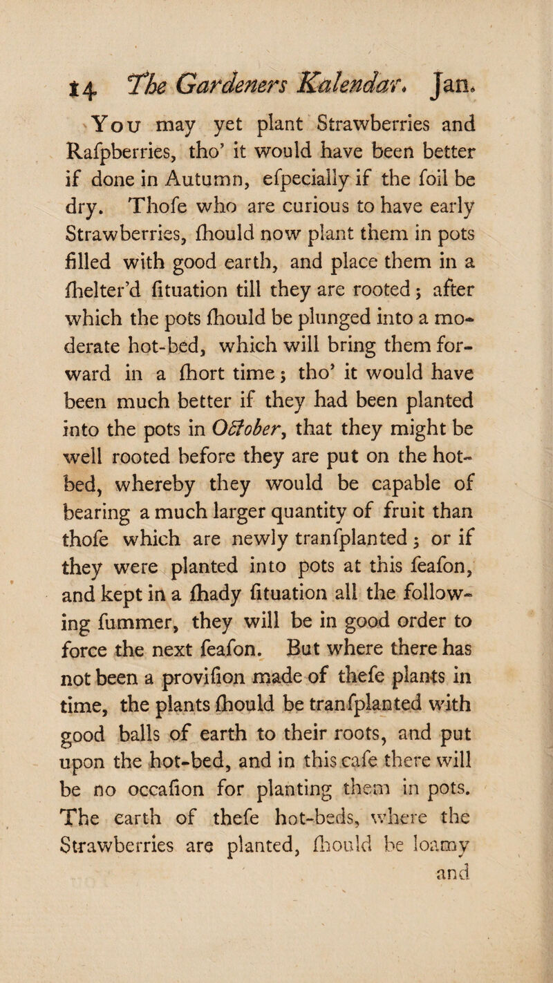 You may yet plant Strawberries and Rafpberries, tho' it would have been better if done in Autumn, efpecially if the foil be dry. Thofe who are curious to have early Strawberries, fhould now plant them in pots filled with good earth, and place them in a fhelter’d fituation till they are rooted 5 after which the pots fhould be plunged into a mo-^ derate hot-bed, which will bring them for¬ ward in a fhort time; tho’ it would have been much better if they had been planted into the pots in October^ that they might be well rooted before they are put on the hot¬ bed, whereby they would be capable of bearing a much larger quantity of fruit than thofe which are newly tranfplanted; or if they were planted into pots at this feafon, and kept in a ftiady fituation all the follow¬ ing fummer, they will be in good order to force the next feafon.^ But where there has not been a provifion made of thefe plants in time, the plants {hould be tranfplanted with good balls of earth to their roots, and put upon the hot-bed, and in this cafe there will be no occafion for planting them in pots. The earth of thefe hot-beds, vrhere the StraVv^berrles are planted, fliould be loamy and