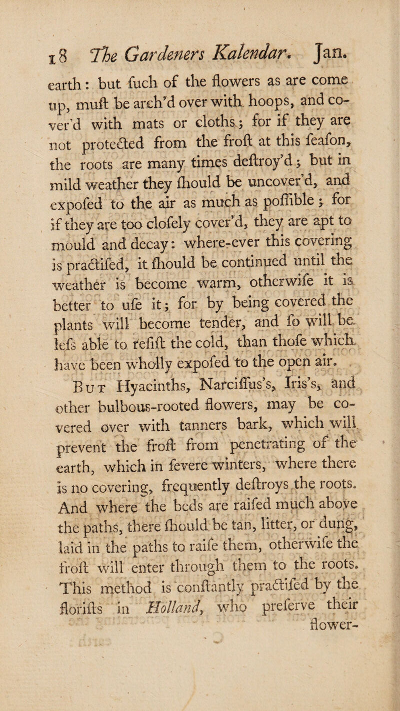 earth: but fuch of the flowers as are come up, muft be arch'd over with, hoops, and co¬ ver’d with mats or cloths; for if they are not protefted from the frofl: at this feafony the roots are many times deftroy’d ^ but in mild weather they fhould be uncover d, and expofed to the air as much as poffible > for if they are too clofely cover'd, they are apt to mould and decay: where-ever this covering is praaifed, it fhould be continued until the weather is become warm, otherwife it is better to ufe it; for by being covered the plants will become tender, and fo will be. lefs able to refifl: the cold, than thofe which have been wholly expofed to the open air. But Hyacinths, Narciffus's, Iris’s^ and other bulbous-rooted flowers, may be co¬ vered over with tanners bark, which will prevent the frofl from penetrating of the earth, which in fevere winters, where there is no covering, frequently deftroys .the roots. And where the beds are raifed much above the paths, there fhould be tan, litter, or dupg, laid in the paths to raife them, otherwife the frofl will enter through them to the roots. ' This method is conflantly praftifed by the florifts in Hollandj who preferve their flower-