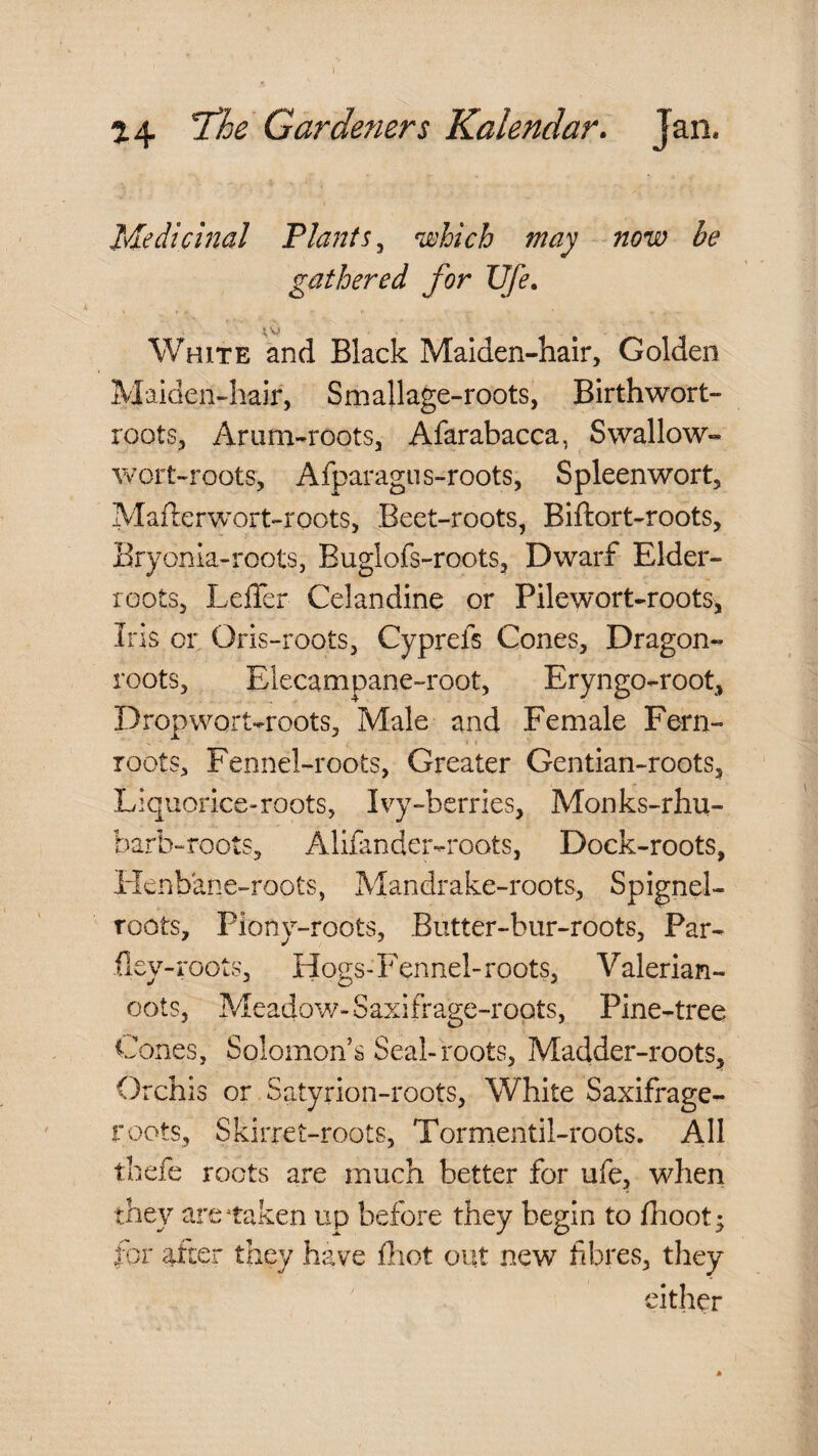 Medicinal Plants^ which may now he gathered for Ufe. tv White and Black Malden-nair, Golden Maiden-hair, Smallage-roots, Birthwort- roots, Arum-roots, Afarabacca, Swallow- wort-roots, Afparagus-roots, Spleenwort, IVIafterwort-roots, Beet-roots, Biftort-roots, Bryonia-roots, Buglofs-roots, Dwarf Elder- roots, Leffer Celandine or Pilewort-roots, Iris or Oris-roots, Cyprefs Cones, Dragon- roots, Elecampane-root, Eryngo-root, Dropwort-roots, Male and Female Fern- roots, Fennel-roots, Greater Gentian-roots, Liquorice-roots, Ivy-berries, Monks-rhu- barb-roots, Alifander-roots, Dock-roots, Flenbane-roots, Mandrake-roots, Spignel- roots, Piony-roots, Butter-bur-roots, Par- fley-roots. Hogs-Fennel-roots, Valerian- oots, Meadow-Saxifrage-roots, Pine-tree Cones, Solomon’s Seal-roots. Madder-roots, Orchis or Satyrion-roots, White Saxifrage- roots, Skirret-roots, Tormentil-roots. All thefe roots are much better for ufe, when they are Taken up before they begin to flioot; for after they have ftiot out new fibres, they either