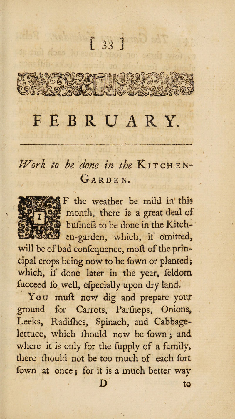 FEBRUARY. Work to be done in the K. i T c H E N- Garden. F the weather be mild in^ this month, there is a great deal of bufinefs to be done in the Kitch¬ en-garden, which, if omitted, will be of bad confequence, moft of the prin¬ cipal crops being now to be fown or planted > which, if done later in the year, feldom fucceed fo well, efpecially upon dry land.’ You muft now dig and prepare your ground for Carrots, Parfneps, Onions, Leeks, Radifhes, Spinach, and Cabbage- lettuce, which Ihould now be fown; and where it is only for the fupply of a family, there fhould not be too much of each fort fown at once ^ for it is a much better way D to