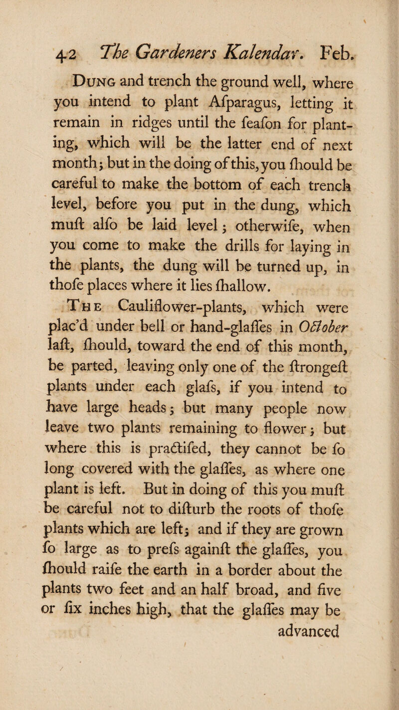 Dung and trench the ground well, where you intend to plant Afparagus, letting it remain in ridges until the feafon for plant¬ ing, which will be the latter end of next month i but in the doing of this, you fliould be careful to make the bottom of each trench level, before you put in the dung, which muft alfo be laid level; otherwife, when you come to make the drills for laying in the plants, the dung will be turned up, in thofe places where it lies fhallow. The Cauliflower-plants, which were plac’d under bell or hand-glafles in OBober laft, jfhould, toward the end of this month, be parted, leaving only one of the ftrongefl; plants under each glafs, if you intend to have large heads 5 but many people now leave two plants remaining to flower ^ but where this is pradlifed, they cannot be fo long covered with the glafles, as where one plant is left. But in doing of this you mufl: be careful not to difturb the roots of thofe plants which are lefts and if they are grown fo large as to prefs againfl: the glafles, you Ihould raife the earth in a border about the plants two feet and an half broad, and five or fix inches high, that the glalTes may be advanced /