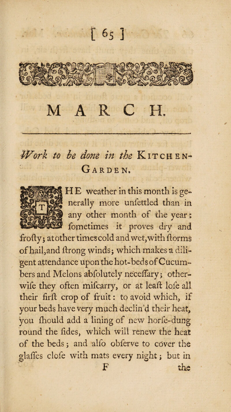 1 [ 6s ] MARCH. Work to he done in the Kitchen- Garden. H E weather In this month is ge«^ nerally more unfettled than in any other month of the year: fometimes it proves dry and frofty 5 at other times cold and wet^with ftorms of hail^and ftrong winds; which makes a dili¬ gent attendance upon the hot-beds of Cucum» bers and Melons abfolutely necelTary; other- wife they often mifcarry, or at leaft lofe all their firft crop of fruit: to avoid which, if , your beds have very much declin’d their heat, you fhould add a lining of new horfe-dung round the fides, which will renew the heat of the beds; and alfo obferve to cover the glaffes clofe with mats every night; but in F the