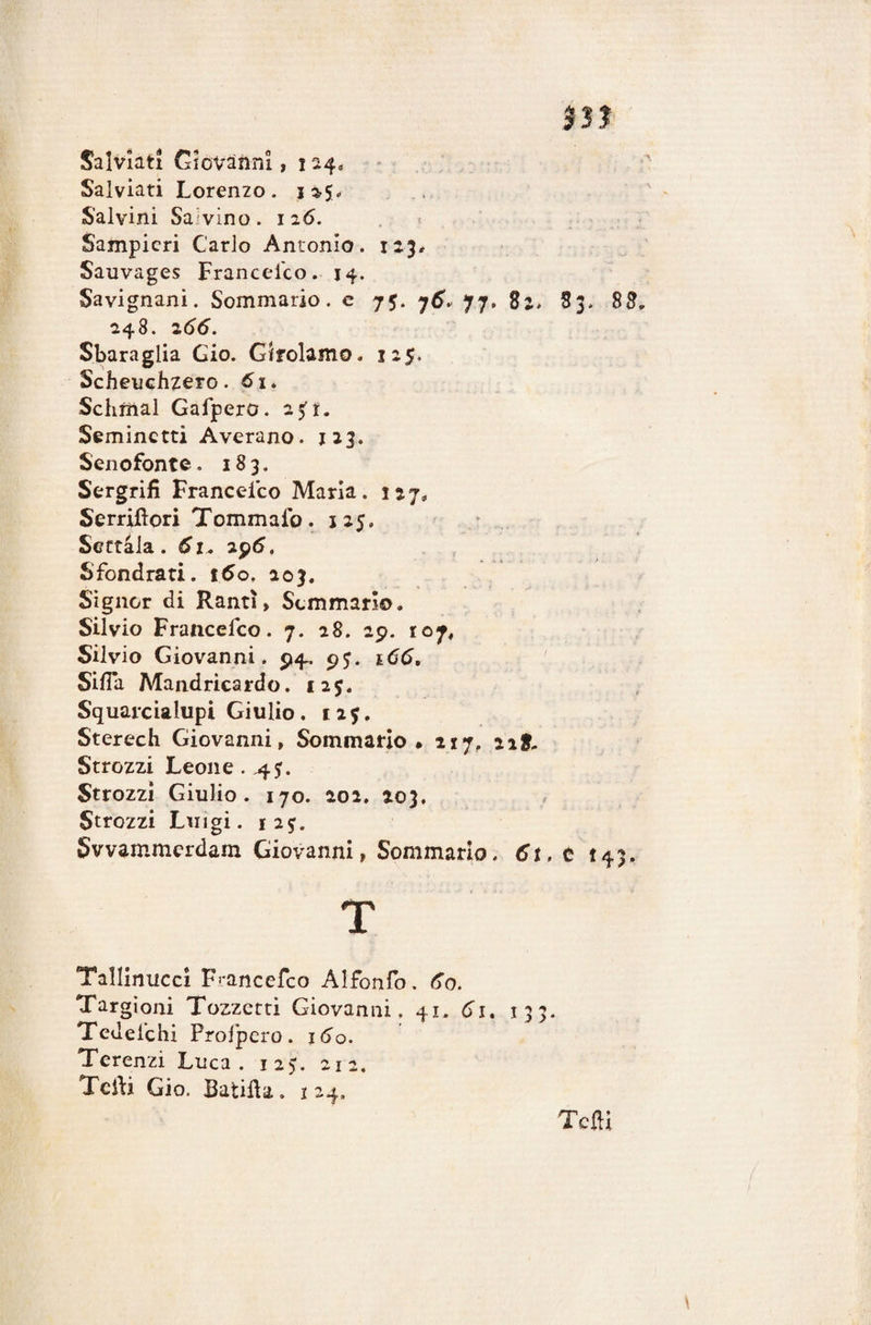 Saivìati Giovanni, 124. Salviati Lorenzo, 12$. Salvini Sa vino. 126. Sampieri Carlo Antonio. 123, Sauvages Francesco. 14. Savignani. Sommario, e 7$. j6. 77, Zi, 83, 85, 248. 266. Sbaraglia Gio. Girolamo. 125. Scheuchzero.61. Schmal Gafpero. 25^1. Seminctti Averano. 123. Senofonte. 183. Sergrifi Franceico Maria. 127, Serriftori Tommafo. 125. Serrala. 61, 296. Sfondrati. t6o, 203. Signor di Rantì > Sommarlo. Silvio Francefco. 7. 28. 29. 107, Silvio Giovanni. 94. 95. 166, Siila Mandricardo. 125. Squarcialupi Giulio. 127. Sterech Giovanni, Sommano. 217. 21?. Strozzi Leone .4$. Strozzi Giulio. 170. 202. 203. Strozzi Luigi. 1 2$. Svvammerdam Giovanni, Sommario. 6t, t 143. Tallinucci Francefco Alfonfo. 60. Targioni Tozzctti Giovanni. 41. 61. 133. Tedel'chi Proljpcro. 160. Terenzi Luca . 125. 212. Tcib Gio, Batiila. 1-4. TdU