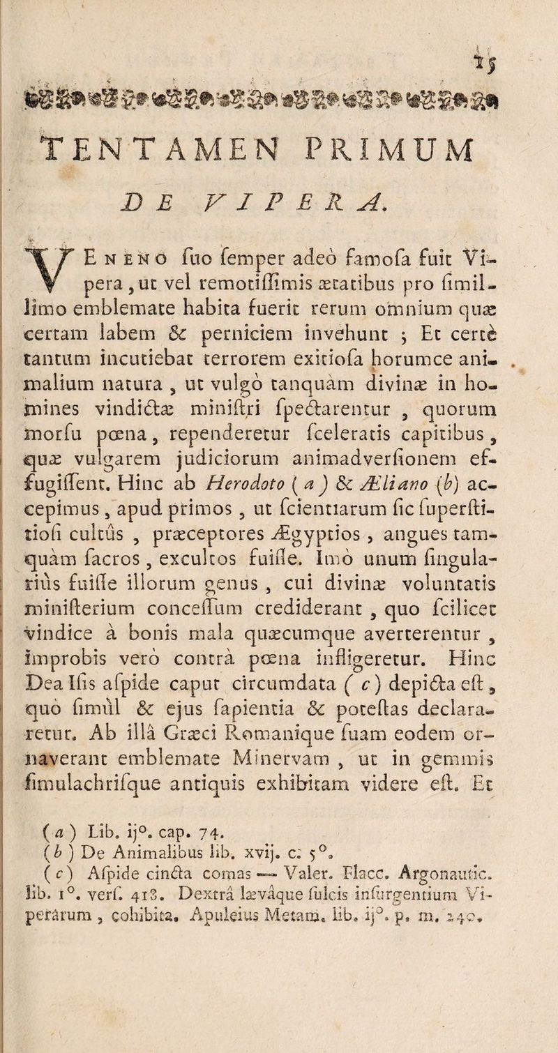 TENTAMEN PRIMUM DE VIPERA. s?. YE neno fao femper adeo famofa fuit Vi¬ pera, ut vel remotiilimis aetatibus pro flmil- limo emblemate habita fuerit rerum omnium quas certam labem & perniciem invehunt } Et certe tantum incutiebat terrorem exitiofa horumce ani- . malium natura , ut vulgo tanquam divinre in ho¬ mines vindictae miniftri fpedfarentur , quorum morfu pcena, rependeretur fceleratis capitibus, quas vulgarem judiciorum animadverfionem ef- fugiflent. Hinc ab Herodoto (a) & ALliano (b) ac¬ cepimus , apud primos, ut fciennarum iic luperfti- tiofi cultus , praeceptores Aigyptios , angues tam¬ quam facros, excultos fuifle. Imo unum lingula¬ tius fuifle illorum genus , cui divinae voluntatis minifterium concefliim crediderant , quo fcilicec vindice a bonis mala quascumque averterentur , Improbis vero contra pcena infligeretur. Hinc Dea Ilis afpide caput circumdata ( c) depidlaeft, quo limul & ejus lapientia & poteflas declara¬ retur. Ab illa Graeci Romanique fuam eodem or¬ naverant emblemate Minervam , ut in gemmis fimulachrifque antiquis exhibitam videre eft. Et ( a ) Lib. ij°. cap. 74. (b ) De Animalibus lib. xvij. c; 5°. (c) Afpide cinda comas — Valer. Flacc. Argonautic. lib. i°. verf 413. Dextra laevaque fulcis in (urgentium Vi¬
