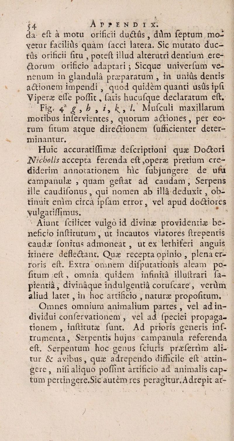 da eft a motu orificii dudus, dum feptum mo¬ letur facilius quam facci latera. Sic mutato duc¬ tus orificii litu , poteft illud alterutri dentium ere¬ ctorum orificio adaptari ; Sicque univerfum ve¬ nenum in glandula prssparatum , in unius dentis adionem impendi 3 quod quidem quanti usus ipft Viperas elTe poffit, fatis hucufque declaratum eft. Fig. 4* g 9 h 9 i, ^Mufcuii maxillarum motibus infervientes j quorum adiones, per eo¬ rum fitum atque diredionem fufficienter deter¬ minantur. Huic accuratiffimre defcriptioni qure Dodori Nicholis accepta ferenda eft,operae pretium cre¬ diderim annotationem hic fubj ungere de ufn CampanuJae , quam geftat ad caudam , Serpens ille caudifonus s qui nomen ab illa deduxit , ob¬ tinuit enim circa ipfam error , vel apud dodiores ^ulgacifTimus. Aiunt fciiicet vulgo id divinae providentiae be¬ neficio inftitutum, ut incautos viatores ftreuentis caudas fonitus admoneat , ut ex lethiferi anguis itinere defledanc. Quas recepta opinio , plena er¬ roris eft. Extra omnem difpucationis aleam po- fitum ;eft, omnia quidem infinita illuftrari fa- pientia, divinaque indulgentia corufcare , verum: aliud latet, in hoc artificio , natura propofitum. Omnes omnium animalium partes , vel ad in¬ dividui confervationem , vel ad fpeciei propaga¬ tionem , inftitutas funt. Ad prioris generis inf- trumenta, Serpentis hujus campanula referenda eft. Serpentum hoc genus fciuris prarfertim ali¬ tur &c avibus, quas adrependo difficile eft attin¬ gere, nifi aliquo poffint artificio ad animalis cap¬ tum perdngere.Sic autem res peragitur.Adrepic ar~ /