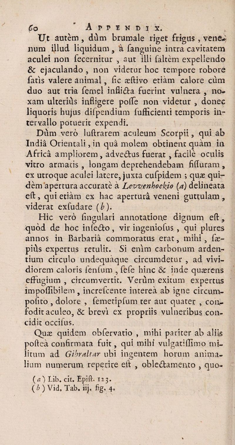 Ut autem, dum brumale riget frigus , vene~ lium illud liquidum 9 a fanguine intra cavitatem aculei non fecernitur , aut illi faltem expellendo & ejaculando , non videtur hoc tempore robore fatis valere animal, fic aeftivo etiam calore cum duo aut tria femel inftidta fuerint vulnera , no¬ xam ulterius infligere polfe non videtur 5 donec liquoris hujus difpendium fufficienti temporis in¬ tervallo potuerit expendi. Dum vero luftrarem aculeum Scorpii , qui ab India Orientali, in qua molem obtinent quam in Africa ampliorem , adve&us fuerat , facile oculis vitro armatis , longam deprehendebam fifluram 3 ex utroque aculei latere, juxta cufpidem ; qu# qui¬ dem apertura accurate a Levvenhoekio (a) delineata eft, qui etiam ex hac apertura veneni guttulam , viderat exfudare (b). Hic vero lingulari annotatione dignum eft 9 quod de hoc infedfco, vir ingeniofus , qui plures annos in Barbaria commoratus erat, mihi, fx- pius expertus retulit. Si enim carbonum arden¬ tium circulo undequaque circumdetur , ad vivi¬ diorem caloris lenium , fefe hinc Sc inde quaerens effugium , circumvertit. Verum exitum expertus impoffibiiem , increfcente interea ab igne circum- polito , dolore , femeripfum ter aut quater , con¬ fodit aculeo, 8c brevi ex propriis vulneribus con¬ cidit occiius. Qu^ quidem obfervatio , mihi pariter ab aliis poftea confirmata fuit, qui mihi vulgatidimo mi¬ litum ad Gibraltar ubi ingentem horum anima¬ lium numerum repetite eft , obledlamento , quo» ( a ) Lib. cit. Epift. 123. {b ) Vid, Tab. iij« fig. 4« 1