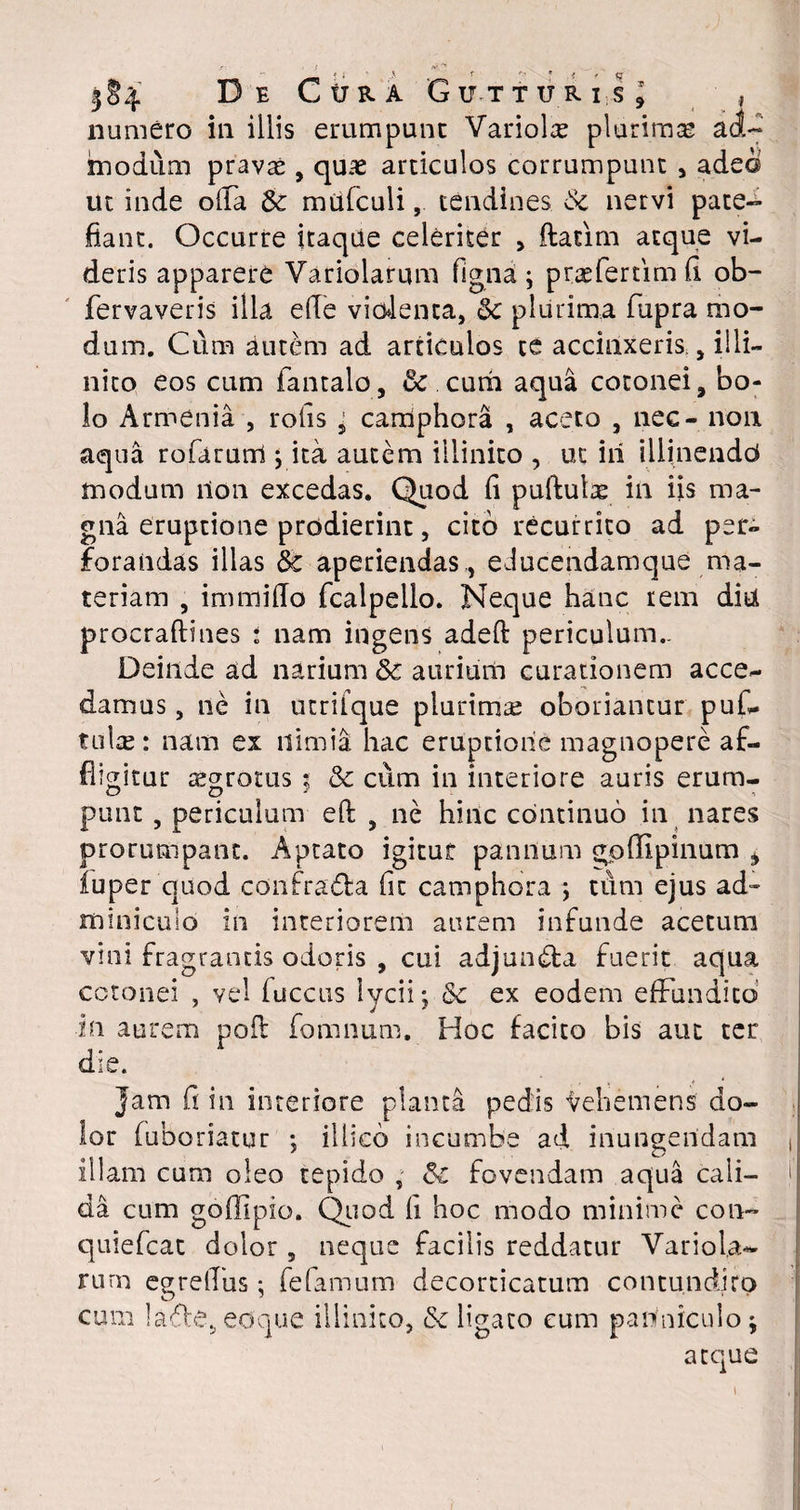 3§4 B e CtJRA Gutturis; , numero in illis erumpunt Variola? plurimas ad¬ modum pravas, quae articulos corrumpunt , adeo ut inde offa & mufculitendines de nervi pate¬ fiant. Occurre itaque celeriter , ftatim atque vi¬ deris apparere Variolarum figna ; praefertim fi ob- fervaveris illa efie violenta, & plurima fupra mo¬ dum. Cum autem ad articulos ce accinxeris , illi¬ nito eos cum fantalo, & cum aqua cotonei, bo¬ lo Armenia , rofis ‘ camphora , aceto , nec - non aqua rofarurri ; ita autem illinito , ut iii illinendo modum llon excedas. Quod fi puftula? in iis ma¬ gna eruptione prodierint, cito recurrito ad per¬ forandas illas 8c aperiendas,, eJucendamque ma¬ teriam , immifio fcalpello. Neque hanc rem diti procraftines : nam ingens adeft periculum.. Deinde ad narium Sc aurium curationem acce¬ damus , ne in utriique plurima oboriantur pufi- tulcE: nam ex nimia hac eruptione magnopere af¬ fligitur asgrotus $ & cum in interiore auris erum- punt , periculum eft , ne hinc continuo in nares prorumpant. Aptato igitur pannum gpffipinum ± fu per quod confradfca fit camphora ; tum ejus ad¬ miniculo in interiorem aurem infunde acetum vini fragrantis odoris , cui adjun&a fuerit aqua cotonei , vel fuccus lycii*, & ex eodem effundito in aurem pofl fomnum. Hoc facito bis aut ter die. Jam fi in interiore planta pedis vehemens do¬ lor fuboriatur ; iliico incumbe ad inungendam | illam cum oleo tepido , & fovendam aqua cali- | da cum goffipio. Quod fi hoc modo minime con- quiefcat dolor , neque facilis reddatur Variola- rurn egrellus; fefamum decorticatum contundito cum la<5le5eoque illinito, & ligato eum panniculo -y atque