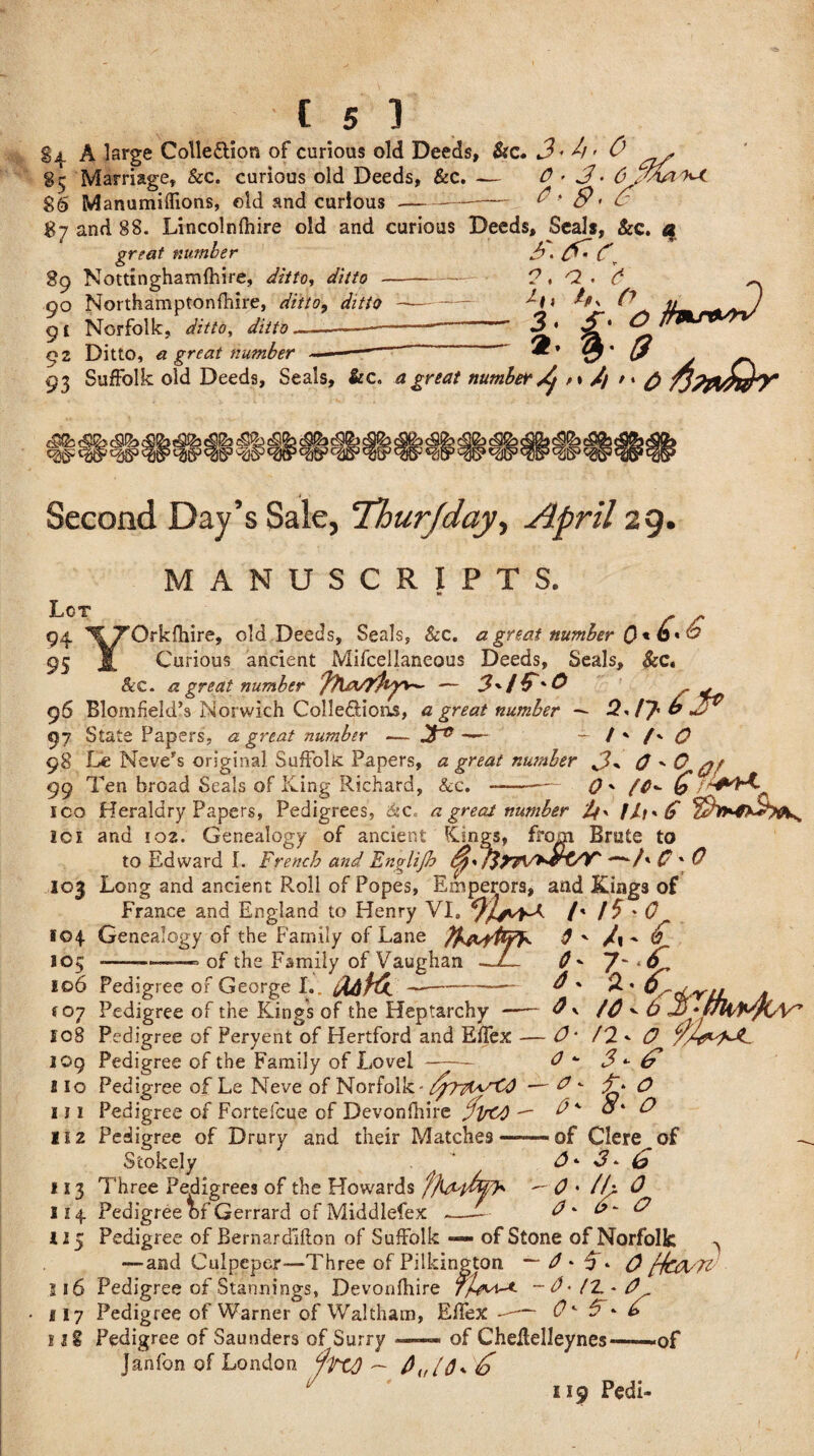 §4 A large Colle&ion of curious old Deeds, &c. 3^,, 0 85 Marriage, &c. curious old Deeds, &c. — C • 3 - 6 . 86 Manumiffions, eld and curious--—-—— & * 9 • 3 87 and 88. Lincolnfhire old and curious Deeds, Seals, &c. a great number ^ r* 89 Nottinghamfhire, ditto, - 90 Northamptonfhire, 91 Norfolk, ditto, ditto——.-— 92 Ditto, a great number 9U 3 0^0 9, a. 6 1a O 3< S' 6 }hv^yJ <§*£>■ c9^> c dS(|i W >&%( Second Day’s Sale, ’Thurjday, April 29. MANUSCRIPTS. Lct . . r /• 94 l^TOrkfliire, old Deeds, Seals, Sec. a great number 0 +6* & 95 Jl Curious ancient Mifcellaneous Deeds, Seals, 8ec. &c. a great number fhA/?Up~- — r 96 Blomfield’s Norwich Collediosis, a great number — 93^6^ 97 State Papers, a great number — ~ <2 98 De Neve’s original Suffolk Papers, <z ^rai/ number 3* O^O g t 99 Ten broad Seals of King Richard, &c. -—~ QfhMA- ico Heraldry Papers, Pedigrees, &c a great number it* fit* if ici and io2. Genealogy of ancient Kings, from Brute to to Edward I. French and Englijh —-Y' C ' 103 Long and ancient Roll of Popes, Emperors, and Kings of France and England to Henry VI. 9U++ /' it -o. 104 Genealogy of the Family of Lane 3 ' /\ ~ &_ J05 -———— of the Family of Vaughan —ZL 0 106 Pedigree of George L frldftt f 07 Pedigree of the Kings of the Heptarchy — 108 Pedigree of Peryent of Hertford and Effex - 109 Pedigree of the Family of Lovel —— file Pedigree of Le Neve of Norfolk- 111 Pedigree of Fortefcue of Devonfhire flrtO - 112 Pedigree of Drury and their Matches — Stokely 0- 7-<r Q v tO ^ 6 m * 0* /2* O 0 * 3 *■ 3 o* £> o 0- <?• o of Clere of * 3 - 3 0- /A 0 0*6-0 113 Three Pedigrees of the Howards ffatMp* 114 Pedigree of Gerrard of Middlefex .—-— 115 Pedigree of Bernardifton of Suffolk — of Stone of Norfolk ^ — and Culpeper—Three of Pilkington — 6 * 5. 0 tfcfo'TZ 516 Pedigree of Stannings, Devonfhire ~ 6 * /Z * O 117 Pedigree of Warner of Waltham, EffeX 0^5*6 1 ig Pedigree of Saunders of Surry —« of Cheilelleynes—.of Janfon of London rfftd — 0,,/tJ* 3 119 Pedi-