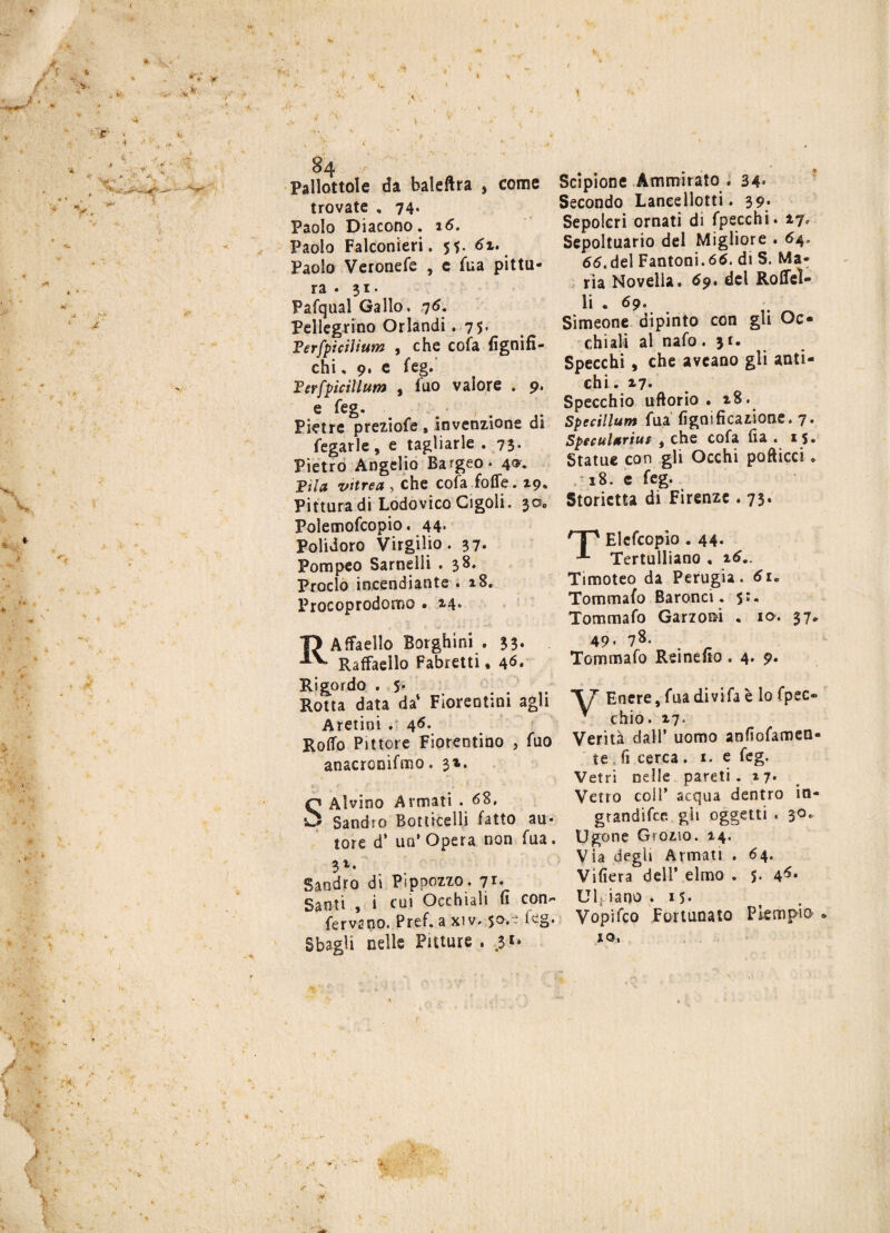 Pallottole da baleftra , come trovate , 74. Paolo Diacono. 16. Paolo Falconieri. 55. 6%, Paolo Veronefe , c fua pittu¬ ra . 31. Pafqual Gallo. 76. Pellegrino Orlandi .75. Terfpicilium , che cofa fignifi- chi, 9. e feg. Terfpicillum , fuo valore . 9. e feg. Pietre preziofe , invenzione di fegarle, e tagliarle . 73- Pietro Angelio Bargeo- 4®. Ttìa vitrea , che cofa folle. 19. Pittura di Lodovico Cigoli. 30» Polemofcopio. 44- Polidoro Virgilio. 37. Pompeo Sarndli . 38. Proclo incendiante . 18. Procoprodomo • 2-4* RAffaello Borghini . 33. Raffaello Fabretti « 46. Rigordo . 5* Rotta data da' Fiorentini agli Aretini . Rodo Pittore Fiorentino , fuo anacrcnifmo. 3». q Alvino Armati . <58. vi Sandro Boriiceli] fatto au¬ tore d* un’Opera non fua. Sandro di Psppozzo. 71* Santi , i cui Occhiali fi con*- ferve no. Pref. a xiv. $0. * Sbagli nelle Pitture . Scipione Ammirato . 34» Secondo Laneellotti. 39* Sepolcri ornati di fpecchi. 17» Sepoltuario dei Migliore . 64. 66,del Fantoni.66. di S. Ma¬ ria Novella. 69. del Roffeì» li • 69. Simeone dipinto con gli Oc¬ chiali al nafo. 3 r- Specchi, che aveano gli anti¬ chi .17* Specchio uftorio • 18. specillar» fua fignìficaziooe. 7. Speculariut i che cofa fia . 15. Statue con gli Occhi pofticci. 18. e feg. Storiella di Firenze . 73. rT' Elcfcopio .44. Tertulliano , 16.. Timoteo da Perugia. 61. Tommafo Baronci. 5:. Tommafo Garzoni . io. 37* 49* 78. Tommafo Reinefio. 4. 9. XT Enere, fuadivifa è lo fpec® * chio. 17. Verità dall’ uomo anfiofamen- te fi cerca. 1. e feg. Vetri nelle pareti. 17* Vetro coll* acqua dentro in- grandifee gii oggetti . 30* Ugone Grazio. 44. Via degli Armati . 64. Vifiera dell’ elmo . $• 4^* Ul{ iano . 15- Vopifco Fortunato Piempio, xo«