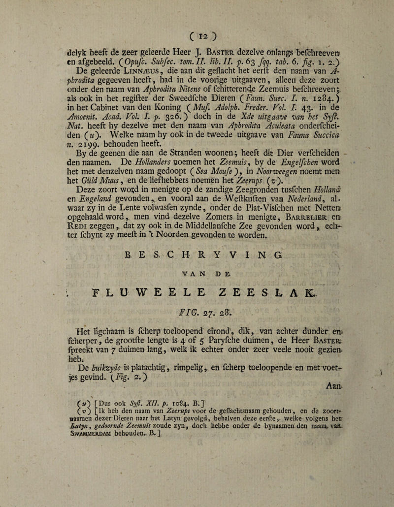 delyk heeft de zeer geleerde Heer J. Baster dezelve onlangs befchreevenp cn afgebeeld. QOpufc. Subfec, torn.II, lib, IL p. 63 fqq, tab, 6. fig, 1. 2.) De geleerde Linn/eus , die aan dit gedacht het eerll den naam van A- phrodita gegeeven heeft, had in de voorige lütgaaven, alleen deze zoort onder den naam van Aphrodita Nitens of fchitterende Zeemuis befchreeven; als ook in het regifter der Sweedfche Dieren (^Faun, Suec, L n. 1284.) in het Cabinet van den Koning (Muf. Adolph. Fredèr, Vol, I, 43. in de Amoenit. Ac ad. Vol. I. p, 326.) doch in de Xde uitgaave van het Syjl. Nat. heeft hy dezelve met den naam van Aphrodita Aculeata onderfchei- den (z/). Welke naam hy ook in de tweede uitgaave van Fauna Succica n. 2199. behouden heeft. By de geenen die aan de Stranden woon en; heeft dit Dier verfcheiden den naamen. De Hollanders viOQmQn het Zeemuis by de Engelfchen word het met denzelven naam gedoopt ( Sea Moufe'), in Noorweegen noemt men het Güld Muus, en de- liefhebbers noemen het Zeerups (v f Deze zoort wotd in menigte op de zandige Zeegronden tusfchen Holland¬ en Engeland gevonden,^ en vooral aan de Weftkuften van Nederlandal. waar zy in de Lente volwasfen zynde, onder de Plat-Visfchen met Netten, opgehaald word,, men vind dezelve Zomers in menigte, Barrelier. en; Redi zeggen, dat zy ook in de Middellanfche Zee gevonden word, ech¬ ter fchynt zy meeft in ’t Noorden gevonden te worden. B E S, C H R Y V I N G V A N D E. FLUWEEL E Z E E S L A K. FIG. 27. 28.. « Het ligchaam is fcherp'toelbopend efrond', chic, van achter diindèr en fcherper, de grootfte lengte is 4 of 5 Paryfche duimen, de Heer Baster fpreekt van 7 duimen lang, welk ik echt^ onder zeer veele nooit gezien, heb. De buikzyde is platachtig, rimpelig,, en fcherp toeloopende en met voet¬ jes gevind. {^Fïg. 2.) Aan^ \ [Dus ook Syfl, XII, p, 10S4. BI] (i;) [Ik heb den naam van Zeerups voor de gefTachtsnaam gehouden^, en dè zoorr- Baamen dezer Dieren naar het Latyn gevolgd, behalven deze eerde,- welke volgens het: £atyn, gedoomde Zeemuis zoudQ zyn, doch hebbe onder de bynaameo-den naaiir^vani SwAMMERDAPJ behoudeu., B. ] I
