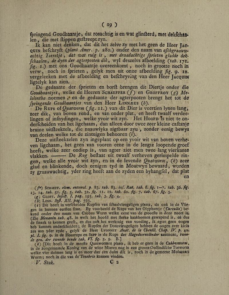 fpringend Goudhaantje, dat rosachtig is en wat glinflerd, met dekfchaa- len, die met flippen geftreept zyn. Ik kan niet denken, dat dit het zelve zy met het geen de Heer Jac- QUiN befchryft Qlant Amer, p. 280.) onder den naam van afchgraauw- achtig lorretje , dat 'ivat ruig is , met draadachtige fprieten gladde dek- fchaalen^ de dyen der agterpooten dik, wyl deszelvs afbeelding Qab, fig, i.j met ons Goudhaantje overeenkomt, noch in grootte noch in verw, noch in fprieten , gelyk men uit onze afbeelding fig, 9. 12, vergeleeken met de afbeelding en befchryving van den Heer Jacquik ligtelyk kan zien. De gedaante der fprieten en borfl brengen dit Diertje onder die Goudhaantjes, welke de Heeren Schaeffer (ƒ) en Geoffroy Qg} Me* lolontha noemen en de gedaante der agterpooten brengt het tot de fpringende Goudhaantjes van den Heer Linnaeus (hj, De Rups oiQuatworm (^fig» ii.) van dit Dier is veertien lynen lang, zeer dik, van boven rond, en van onder plat, en heeft twaalf verdee- lingen of infnydingen, welke yvoir wit zyn. Het Hoofd Ïs niet te on- derfcheiden van het ligchaam, dan alleen door twee zeer kleine caftanje bruine uitfleekzels, die naauwlyks zigtbaar zyu , zonder eenig bewys van deelen welke tot de zintuigen behooren (f). Deze uitfleekzelen zyn ingeplant op een yvoir wit van boven verhe¬ ven ligchaam, het geen van vooren eene in de lengte loopende groef heeft, welke zeer ondiep is, van agter ziet men twee lang vierkante vlakken. -— De Rug beflaat uit twaalf verheven gerimpelde rin¬ gen, welke alle yvoir wit zyn, en in de levende Quatnx}orm^ (kj zeer glad en blinkende, doch eenigen tyd in Moutwyn bewaard, worden zy graauwachtig, yder ring heeft aan de zyden een byhangfel,- dat plat en (ƒ♦) ScHAEFF. elem^ entomol. p. 83. tab. 83. inf. Rat, tab, 6, fig, 1—7. tab, 13. 14. tab. 51. fig, 5. tab, 52. fig. 11, 12. tab, 62, fig, 7. tabi 6/, fig, 5. {g) Geoff. Infedt. I, pag, 195. tab. 3. fig, 4. (h) Linn. Syfl, XII, pag. 593. (i) Dit heeft in verfcheiden Rupfen van fchaalvlengeligen plaats, als ook in de Vlie¬ gen in hunnen eerden (laat. By voorbeeld de Rups van het Olyphantje {Curculio') be¬ kend onder den naam van Cabbus Wurm welke eene van de grootde in deze zoort is. (Zie Menanin tab. 48. in welk het hoofd met fterke kaakbeenen gewapend is, en dus de fmaak te kennen geeft, en dus ook het werktuig van voeding, ik egter geen oogen heb konnen onderfcheiden; de Rupfen der Donsvleugeligen hebben de oogen zeer klein zes aan yder zyde , gelyk de Heer Lyonnet Anat. de Ia Chenill, Chap, IV, p, 40. pl. I, fig, 9. in de Hoiitrups en Sepp in de Rups der Hagedoornvlinder aantoont, twee¬ de gez. der tweede bende tab, VI, fig, 5» 9* B.] i (yl-) [Dit heeft in de meefte Quatwormen plaats, ik heb er geen in de Cabbviwortn^ in de zoogenaamde Koning van de witte Mieren nog in een grooteOoHindifcheTorworra welke vier duimen lang is en meer dan een duim dik is, noch in de gemeene Molenaars Worm; noch in die van ÓQ^Tenebrio konnen vinden. V, Stuk. C 2