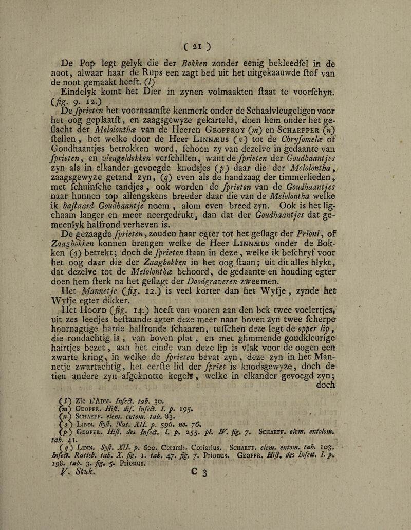 CM) De Pop legt gelyk die der Bokken zonder eenig bekleedfel in de noot, alwaar haar de Rups een zagt bed uit het uitgekaauwde ftof van de noot gemaakt heeft. (/) Eindelyk komt het Dier in zynen volmaakten Raat te voorfchyn. {fig, 9. 12.) De fprieten het voornaamfle kenmerk onder de Schaalvleugeligen voor het oog geplaatft, en zaagsgewyze gekarteld, doen hem onder het ge¬ dacht der Melolonthce van de Heeren Geoffroy Qn) en Schaeffer («) Rellen, het welke door de Heer Linn^us (ö) tot de Chryfomelce of Goudhaantjes betrokken word, fchoon zy van dezelve in gedaante van fprieten y en vleugeldekken verfchillen, want de fprieten der Goudhaantjes zyn als in elkander gevoegde knodsjes (p) daar die der Melolontha, zaagsgewyze getand zyn, (^) even als de handzaag der timmerlieden, met fchuinfche tandjes , ook worden de fprieten van de Goudhaantjes naar hunnen top allengskens breeder daar die van de Melolontha welke ik bafiaard Goudhaantje noem , alom even breed zyn. Ook is het lig- chaam langer en meer neergedrukt, dan dat der Goudhaantjes dat ge- meenlyk halfrond verheven is. De gezaagde 5 zouden haar egter tot het geflagt der Frioni^ of Zaaghokken konnen brengen welke de Heer LiNNiEUS onder de Bok¬ ken (D betrekt; doch de fprieten Raan in deze , welke ik befchryf voor het oog daar die der Zaagbokken in het oog Raan; uit dit alles blykt, dat dezelve tot de Melolonthce behoord, de gedaante en houding egter doen hem Rerk na het geflagt der Doodgraver en zweemen. Het Mannetje Qfig^ 12.) is veel korter dan het Wyfje, zynde het Wyfie egter dikker. Het Hoofd ( fig^ 14.) heeft van vooren aan den bek twee voelertjes,' uit zes leedjes beRaande agter deze meer naar boven zyn twee fcherpe hoornagtige harde halfronde fchaaren, tuRchen deze legt de /fp, die rondachtig is , van boven plat, en met glimmende goudkleurige hairtjes bezet, aan het einde van deze lip is vlak voor de oogen een zwarte kring, in welke de fprieten bevat zyn, deze zyn in het Man¬ netje zwartachtig, het eerRe lid der fpriet is knodsgewyze, doch de tien andere zyn afgeknotte kegels, welke in elkander gevoegd zyn; doch (l') Zie l’Adm. /fi/ett. tah. .qo. 0») Geoffr. Hifi. dif, lnfe6t. L p, 195-. C«) ScHAEFF. elem. entom. tab. 83. (ö) Linn. Nat. XIL p. 5p6. no, 26. (/^) Geoffk. Hifi. d^i. Infeü. I. p% 2.55. p/. IV. fig, 7. Schaeff. ekm. entolom^r tab. 41. ' ' (<7) Linn. XII. p. 620. Ceramb. Coriarius. Schaeff. elem. entom. tab. 103^ - Infeh, Ratiib. tab. X. fig. i. tab, 47. fi'i* ?• Prionus. Geoffr. de% lufeél, 1. 3t)8. tab. 3. fig, 5. Prionus.